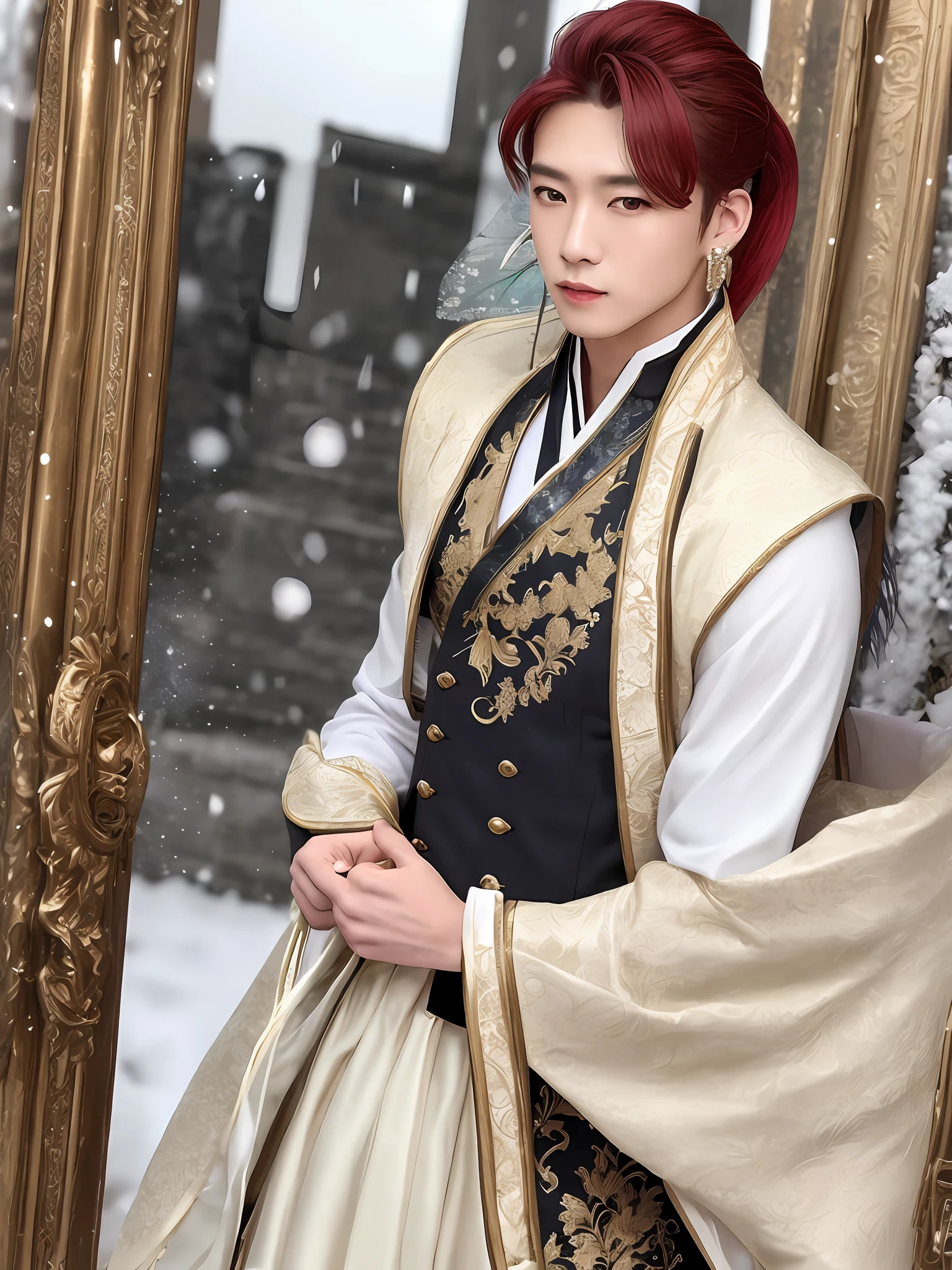 Handsome man，Red high ponytail，Green eyes，Snow-white skin，Fairy air fluttering，period costume，New Chinese，Beautifully dressed，Very tall，long fingernails，Lots of stud earrings，A lip stud，Three hairpins，Nice light，Handsome male，Antique handsome guy