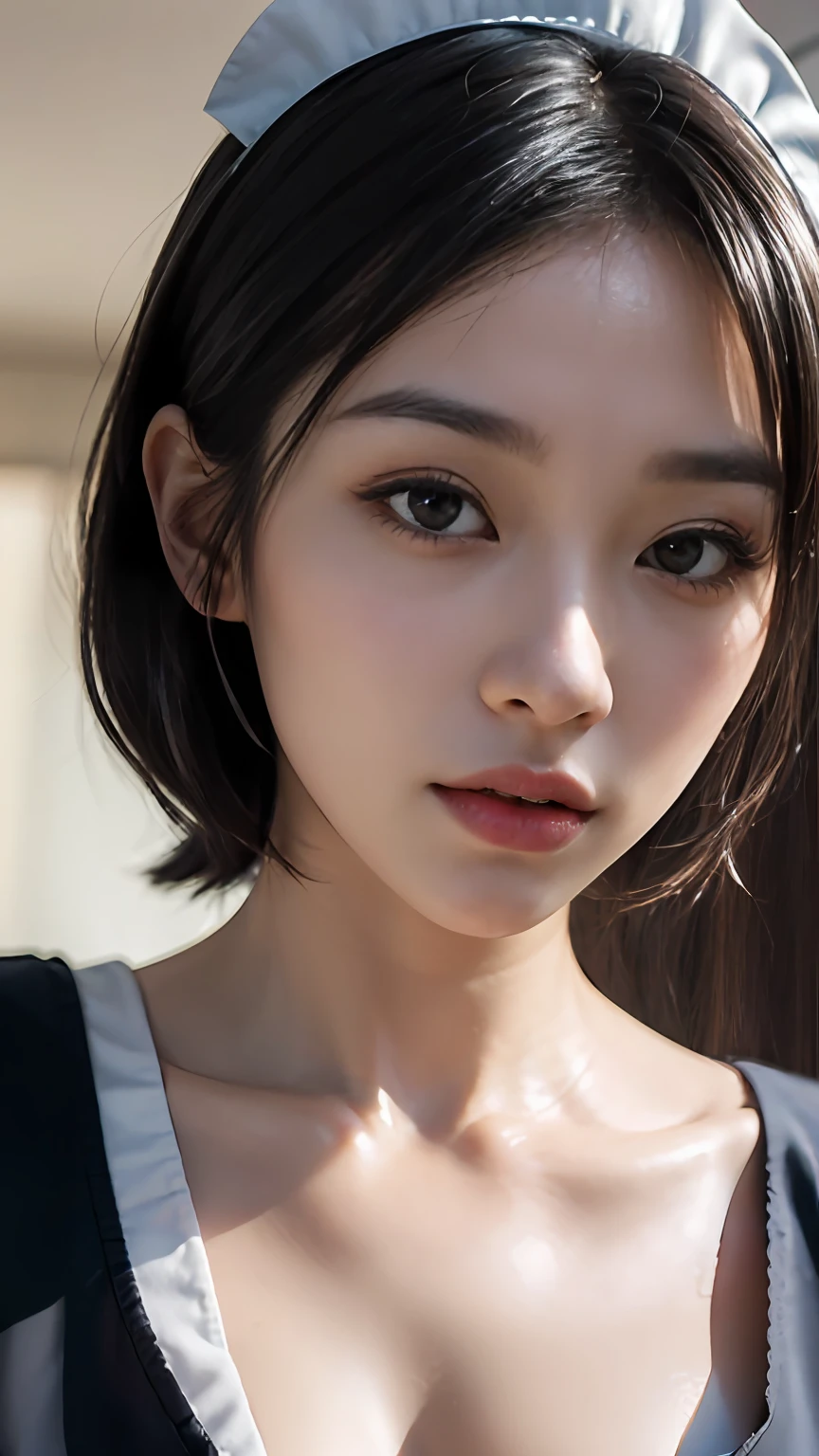 Slender Asian girl, kpop idol, ((maid uniform)), ((top quality, 8k, masterpiece: 1.3)), crisp focus: 1.2, beautiful woman with perfect figure: 1.4, highly detailed face and skin texture, detailed eyes, ((skinny)), beautiful face, symmetrical face, full-length, sexy, almost naked