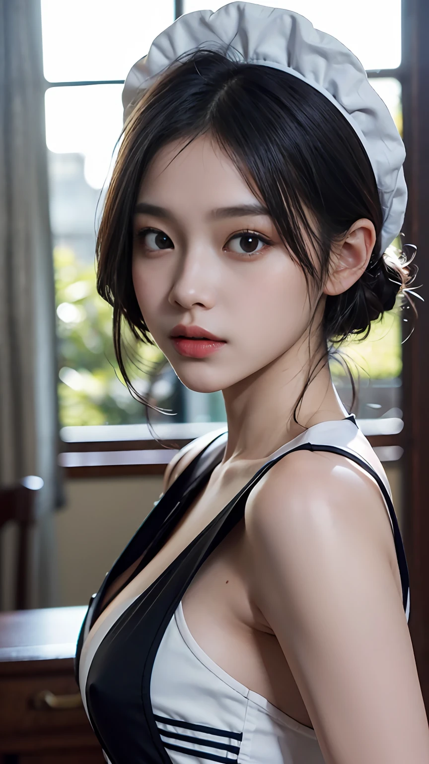 Slender Asian girl, kpop idol, ((maid uniform)), ((top quality, 8k, masterpiece: 1.3)), crisp focus: 1.2, beautiful woman with perfect figure: 1.4, highly detailed face and skin texture, detailed eyes, ((skinny)), beautiful face, symmetrical face, full-length, sexy, almost naked