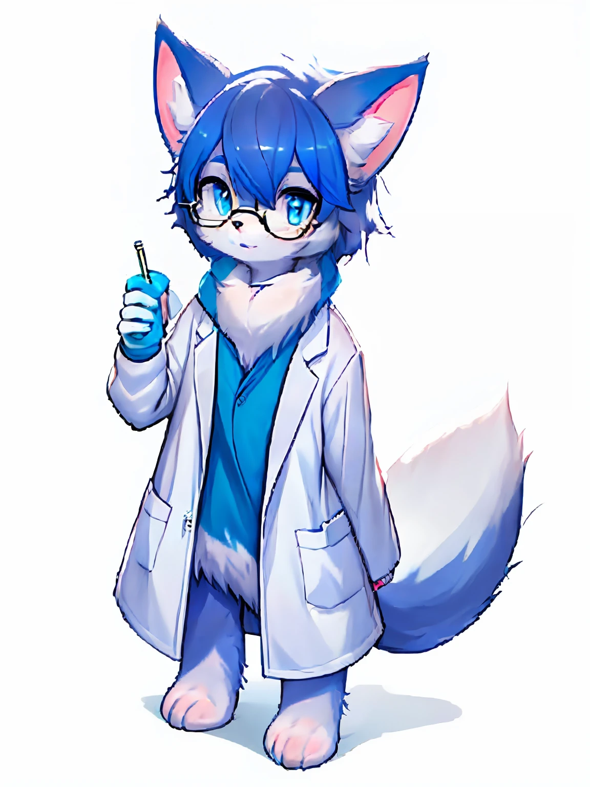 Anime character with arctic fox ears wearing lab coat and blue scarf,Arctic fox with fluffy blue fur,Arctic fox and pontoon,Wear half-rimmed glasses,Arctic fox beauty in lab coat, fursona commission, Fox scientist, fursona furry art commission, furry fursona, Human wolf fox, fursona art, fursona!!!!, professional furry drawing