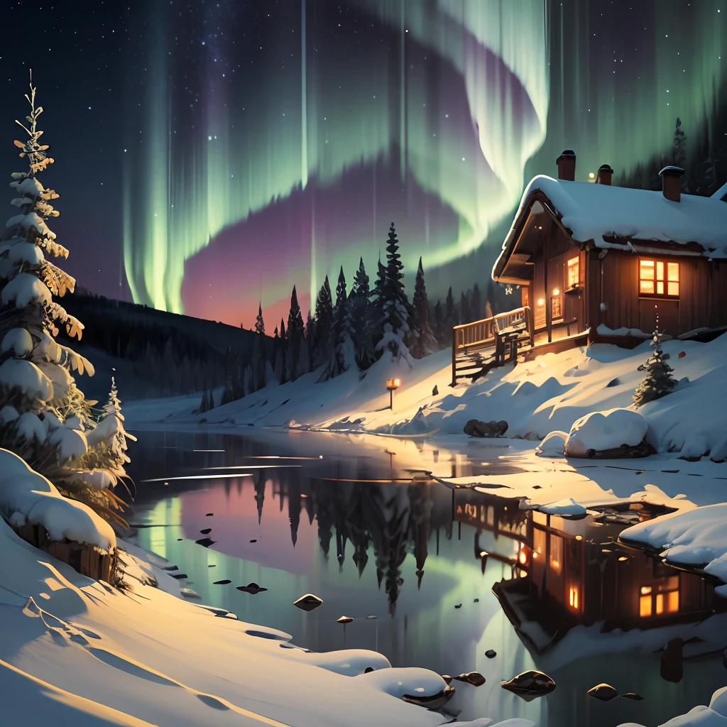 Snowflake shining as it reflects moonlight on a night when the sky occurs the phenomenon of northern lights --auto --s2