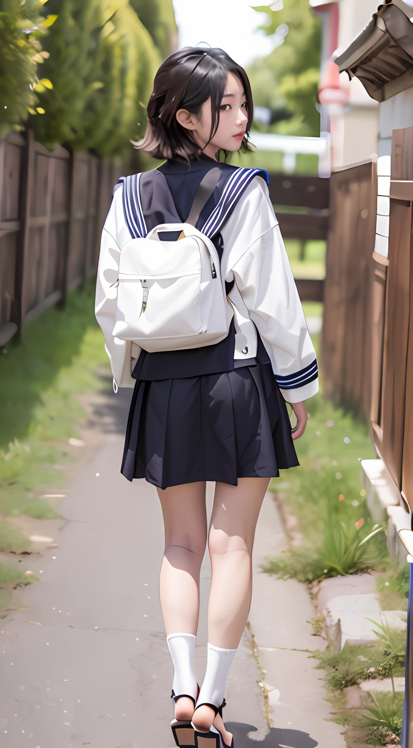 (beautiful Girl,short detailed hair,Air bangs,a sailor suit,school ground,naked leg,Platform sandals,Open-toed white socks):(1.1+1.2+0.9+0.8+1.0+0.9+1.2+1.1),Bad girl,putting makeup on,校服,Full body photo,adolable,back to look back,standing on your feet。