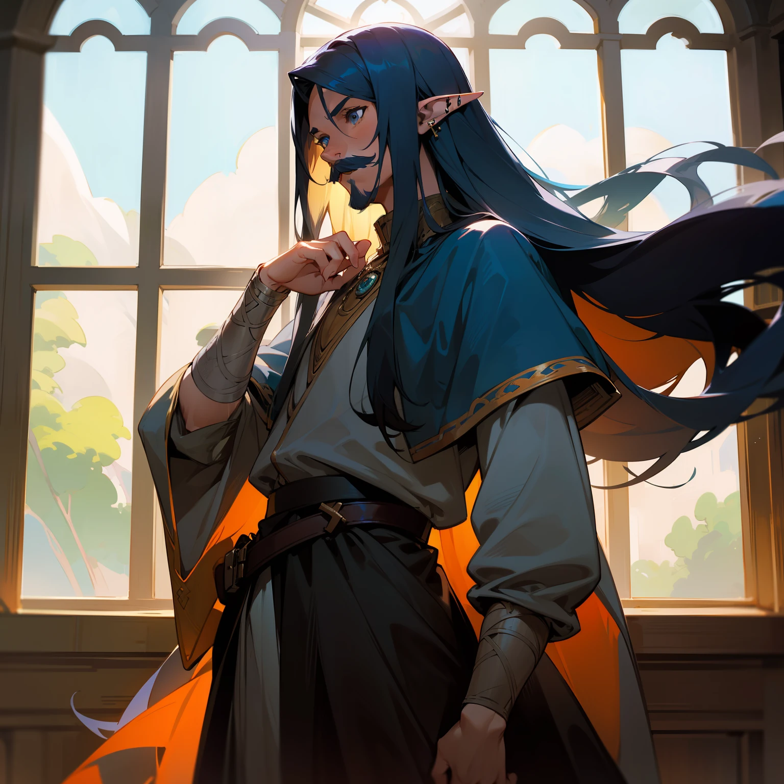 arafed boy with long hair and a moustache and goatee standing in front of a window, portrait shot 8 k, fantasy boy portrait, matte painting portrait shot, young with long hair, fantasy genre portrait, soft portrait shot 8 k, as a medieval fantasy character, portrait of a slender elven man, with long hair and piercing blue eyes