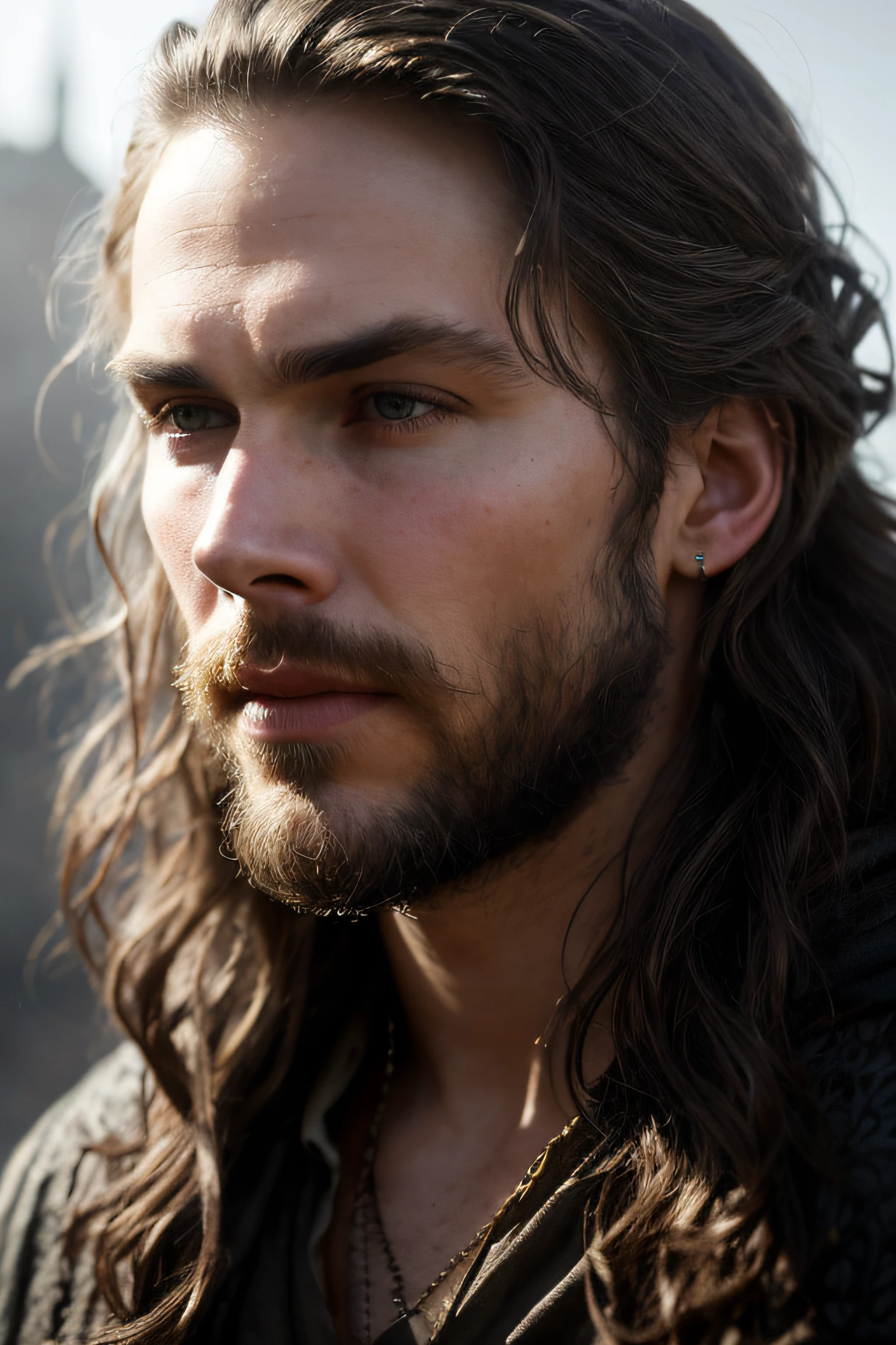 close up portrait of a mix between Austin Butler and Ian Somerhalder as a charming 22 years old medieval fantasy male, pale skin, very long wavy shabby black hair parted in the middle, incredible grey eyes, long arched eyebrows, beard, fantasy clothes, intense look, fascinating, slim and athletic, young, in a big medieval city, (backlighting), realistic, masterpiece, highest quality, lens flare, shade, bloom, [[chromatic aberration]], by Jeremy Lipking, by Antonio J. Manzanedo, digital painting