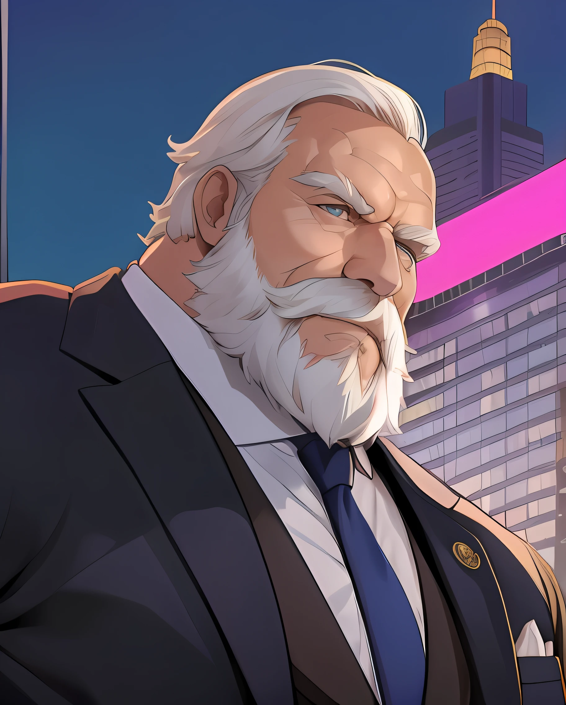 Portrait of a distinguished elderly man with a muscular build, dressed in a sleek suit, captured in a bust composition against a vibrant cityscape, ((headshot))