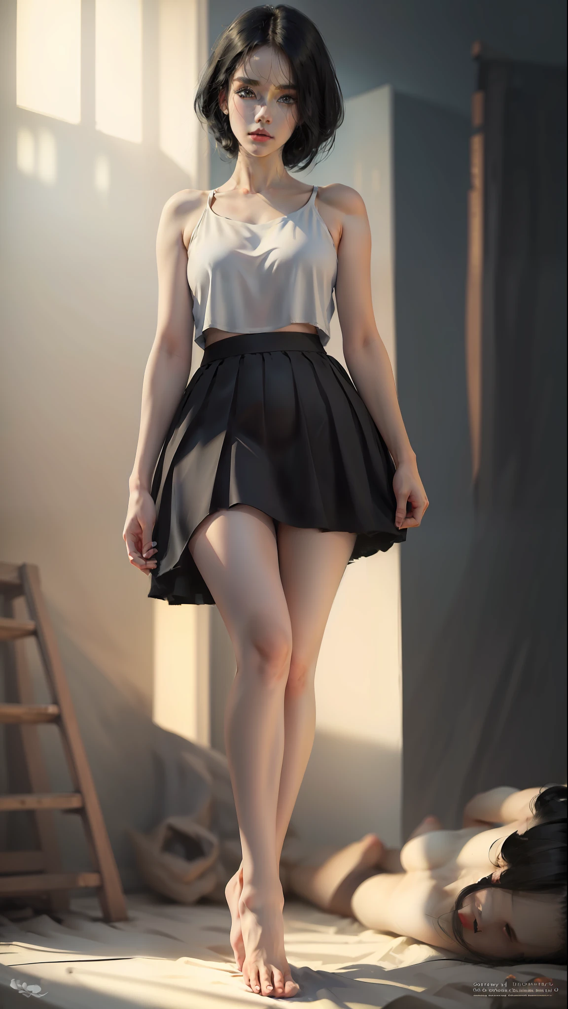 ((Best quality)), ((masterpiece)), (highly detailed:1.3), a woman in white top, black skirt, bare feet, short black hair, perfect face, perfect eyes, full body image