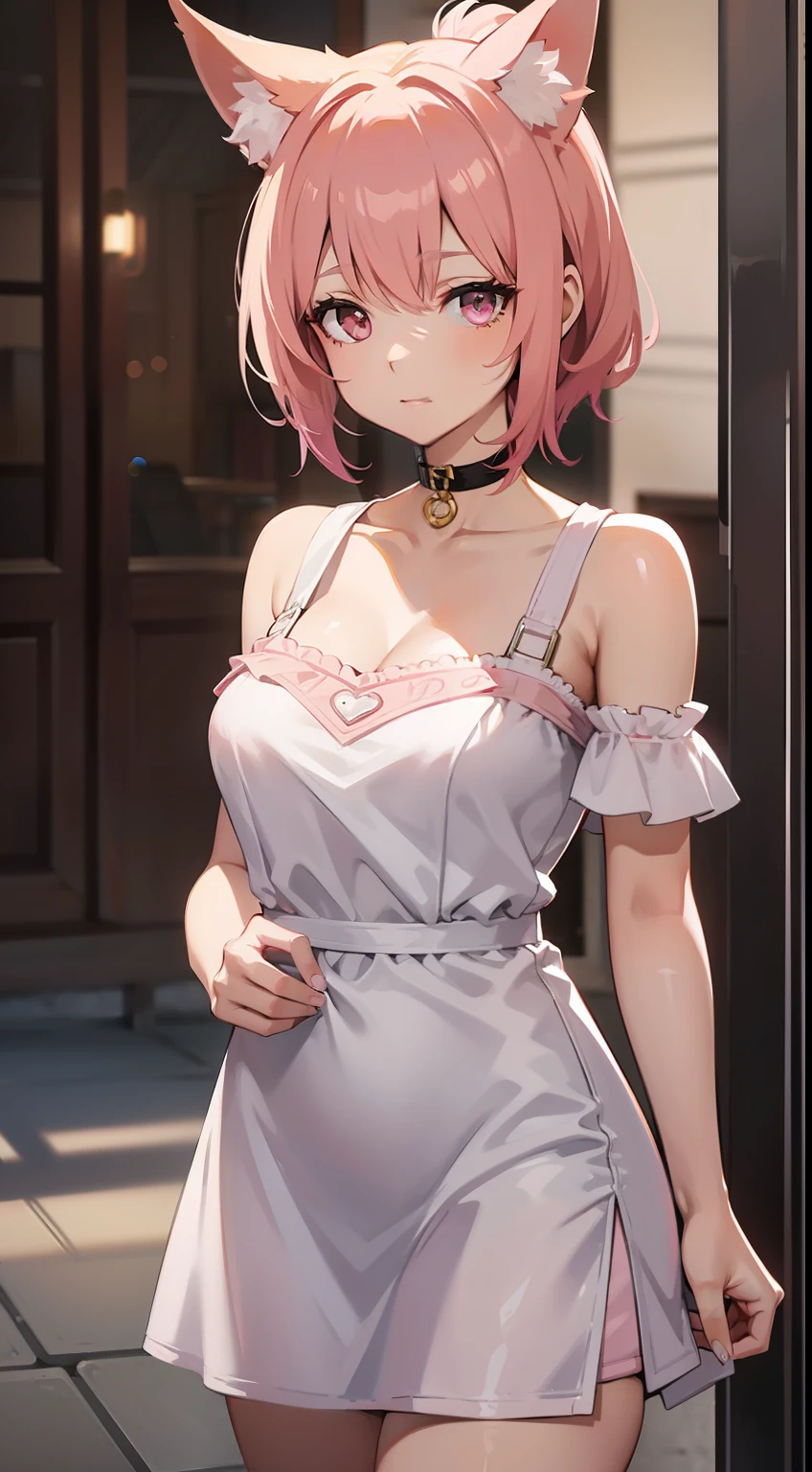 Adult woman, short pink hair, low ponytail, Fox ears, pink eyes, tight white dress, pomade, Masterpiece, hiquality