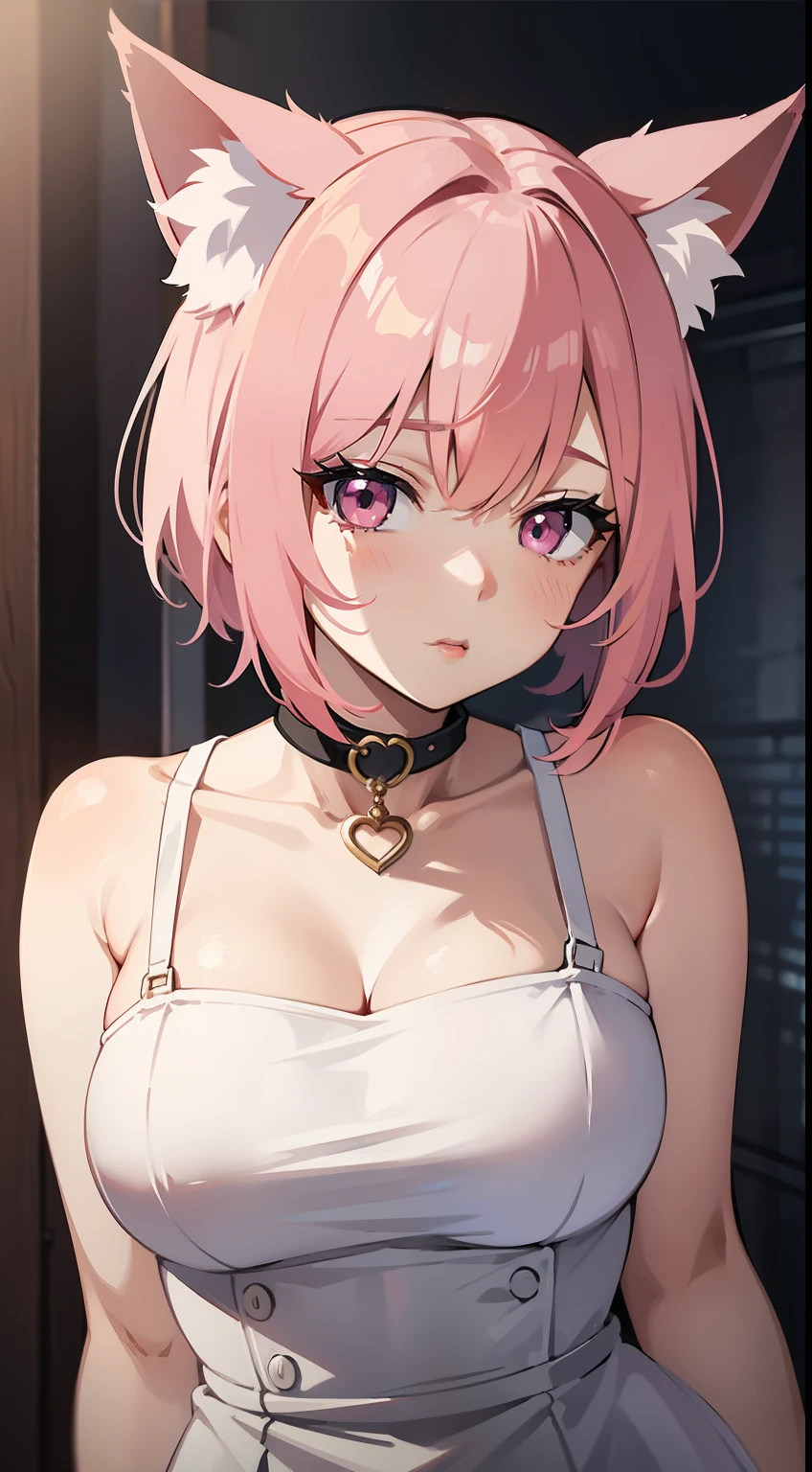 Adult woman, short pink hair, low ponytail, Fox ears, pink eyes, tight white dress, pomade, Masterpiece, hiquality
