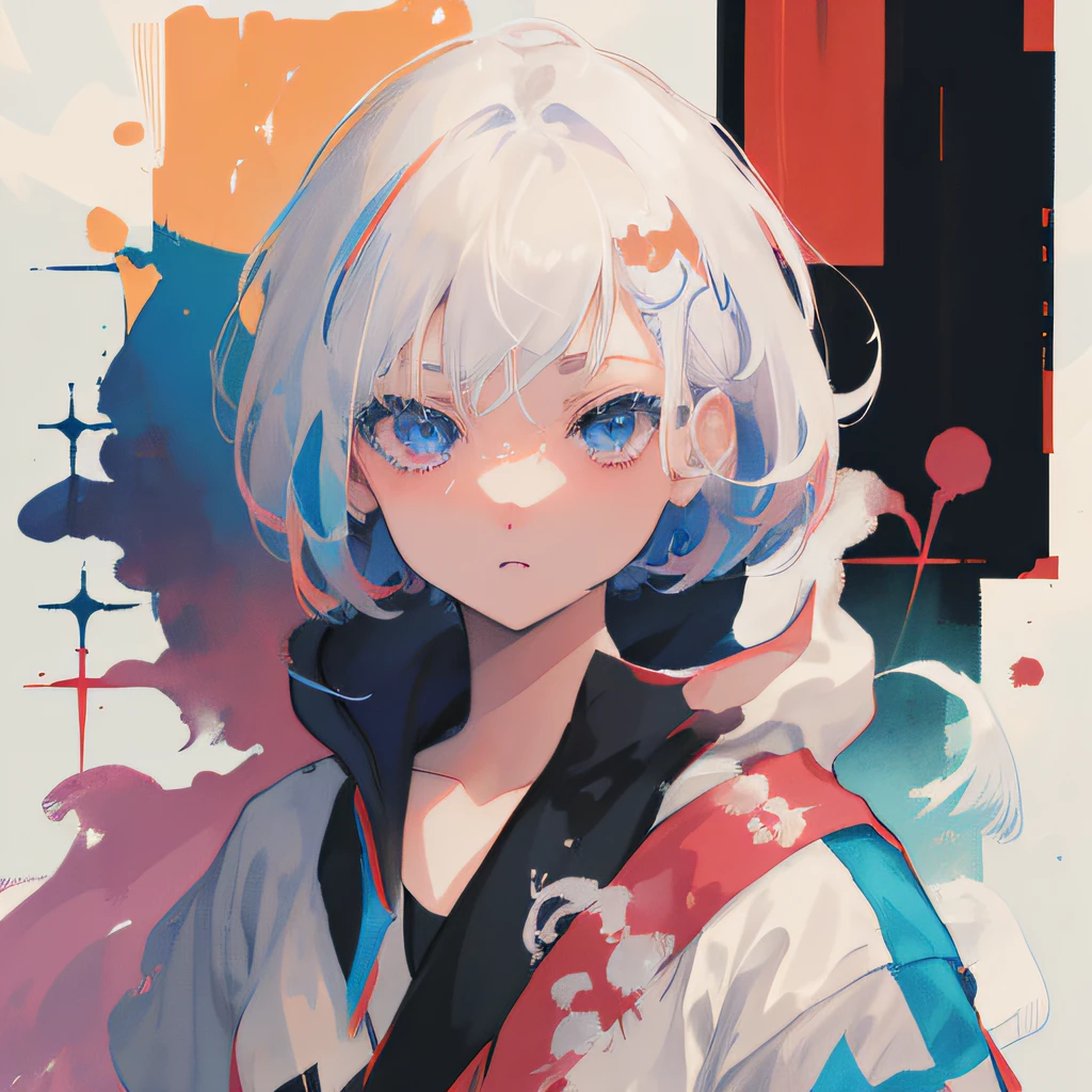 Chica anime con cabello blanco y ojos azules frente a un fondo colorido, Obras de arte al estilo de Guweiz, Estilo anime 4K, Estilo Ross Tran, Ross Tran 8 K, Artgerm y Atey Ghailan, Chica con el pelo corto y blanco, Guweiz en Artstation Pixiv, Guweiz en Pixiv Artstation, Arte digital de estilo anime