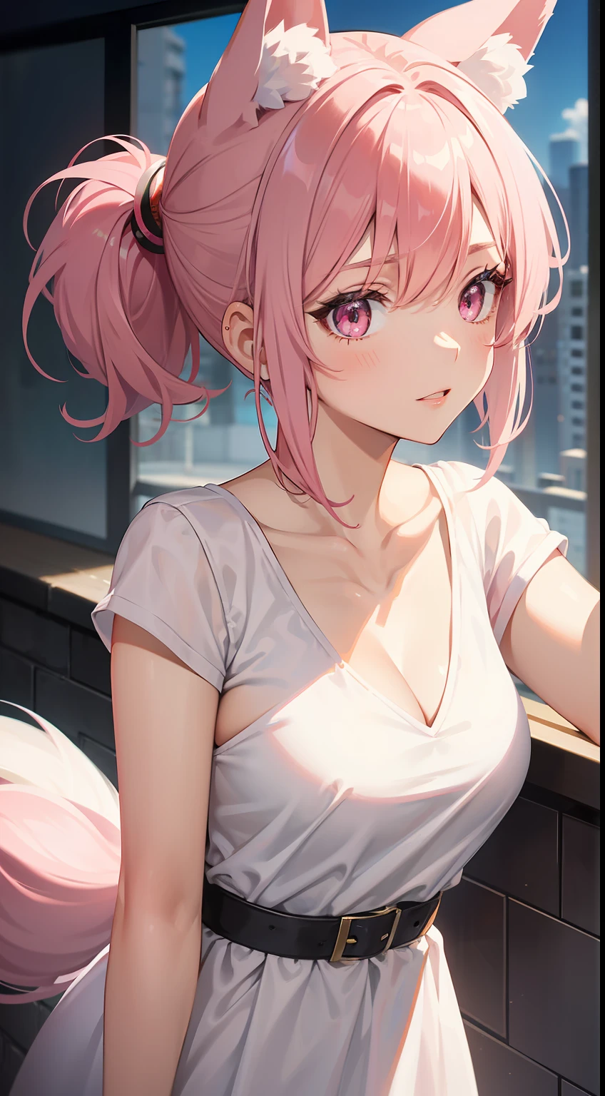 Adult woman, short pink hair, low ponytail, Fox ears, pink eyes, tight white dress, pomade, Masterpiece, hiquality