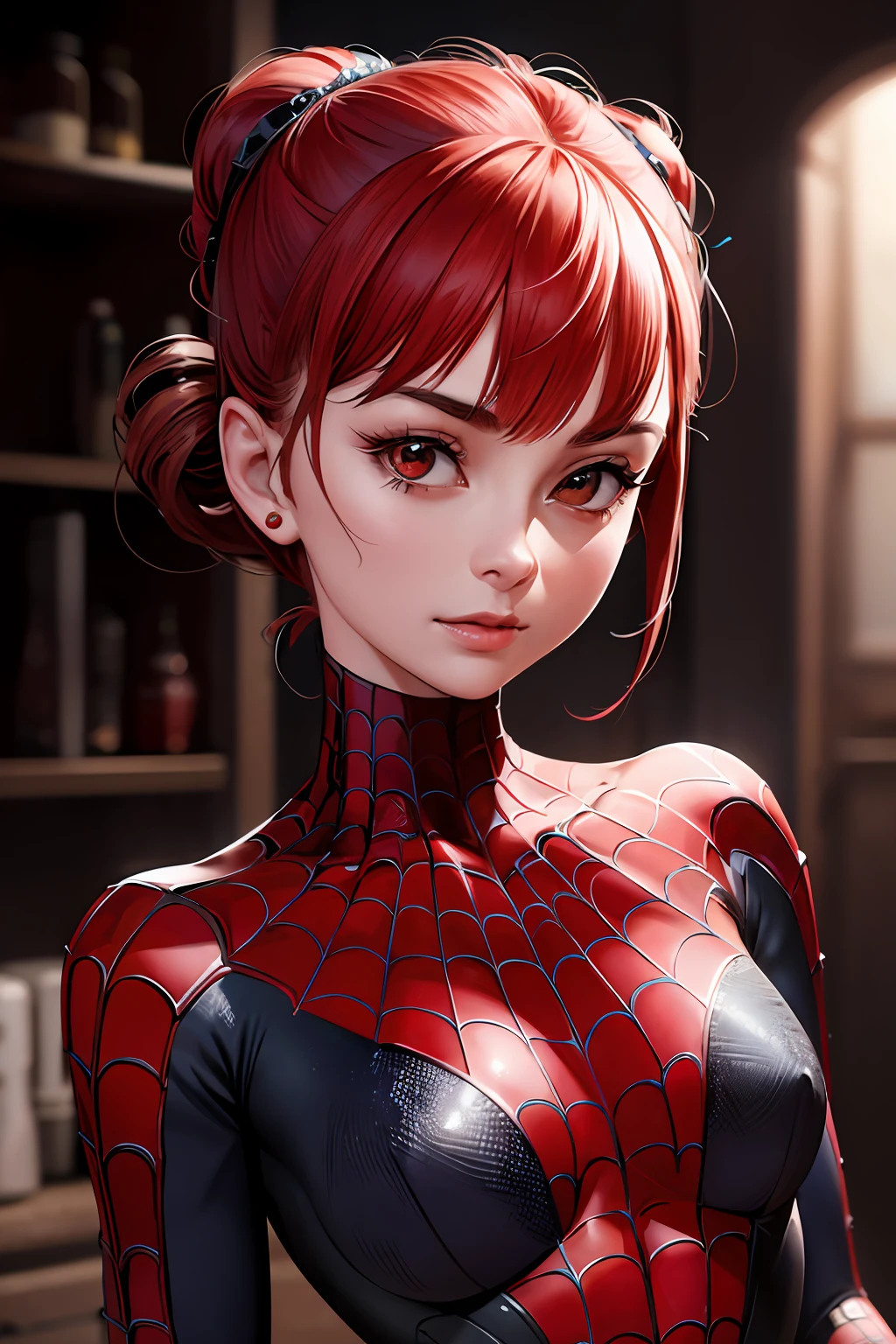 best quality,game cg,1girl, masterpiece, best quality, 8k, detailed skin texture, detailed cloth texture, beautiful detailed face, intricate details, ultra detailed, audrey hepburn, Spider-Man uniform, straight red hair, (Half body:1.2)