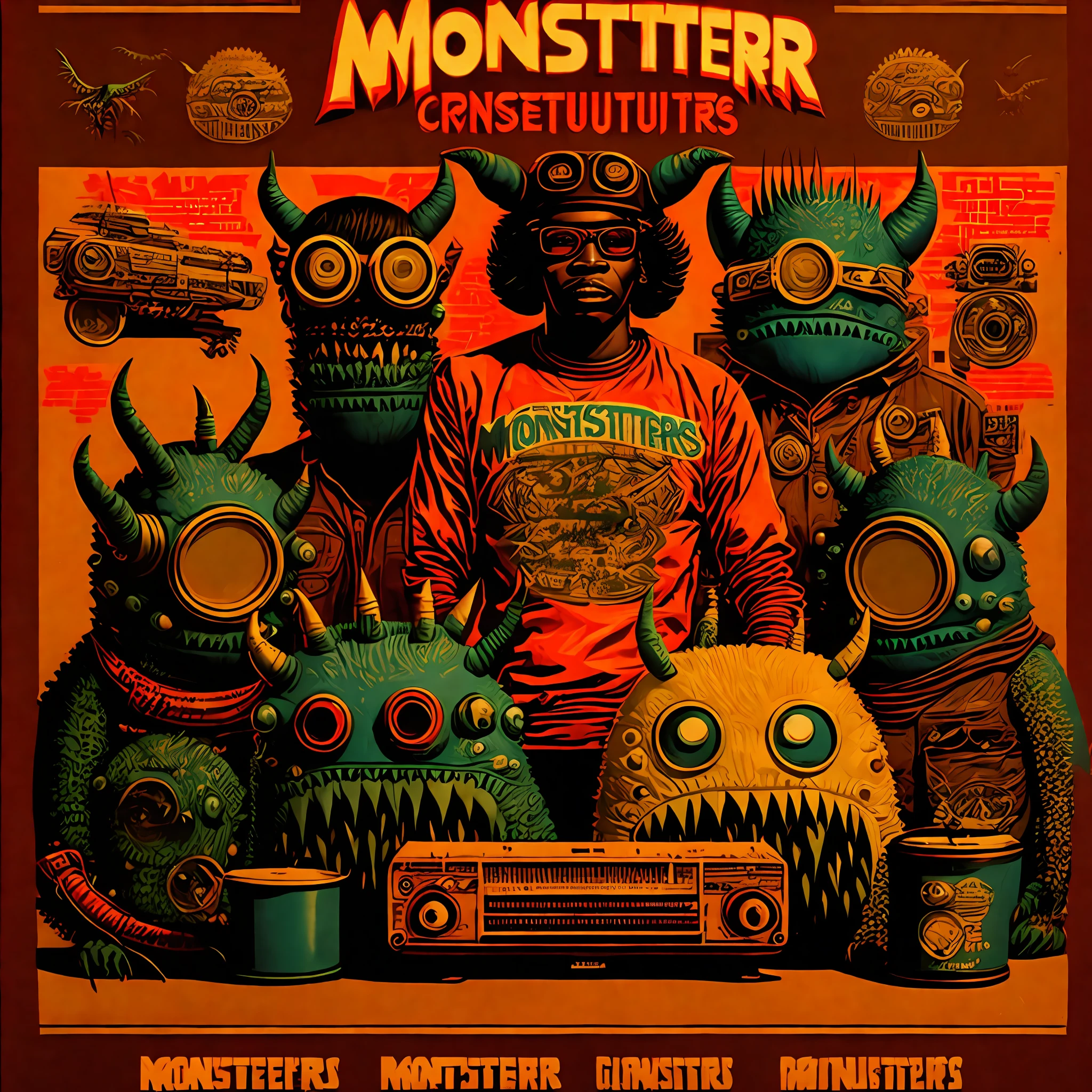 a ((((([crew of monsters creatures ])))))), ( full body shot) smoking big joints, ghetto blaster, lofi hip hop, audio equipments, retro technology, nostalgic vibes, vintage, the 6 0 s, propaganda Poster style, Poster design, poster art style. 1970s, 1950s, 1960s, Very colourful poster, colour art, thirds rule, inspiring, 1970, high quality artwork, poster art style, promotional artwork, hiphop, high quality wallpaper, poster artwork, style of shepherd fairey, in a retro or vintage style, reminiscent of classic advertisements or posters. Use warm colors, capturing the nostalgic feel of vintage artwork, bird's eye view