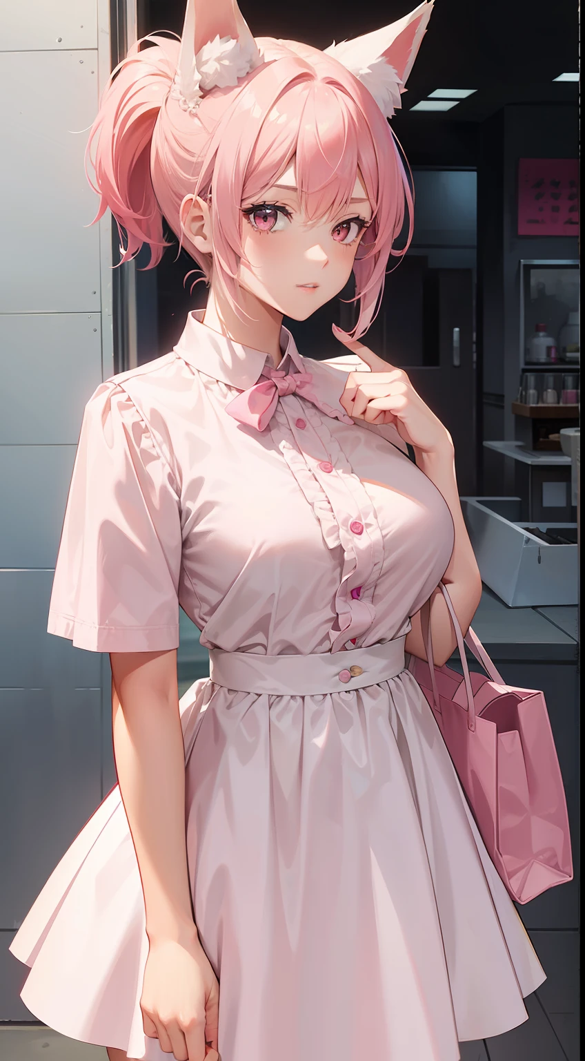 Adult woman, short pink hair, low ponytail, Fox ears, pink eyes, tight white dress, pomade, Masterpiece, hiquality