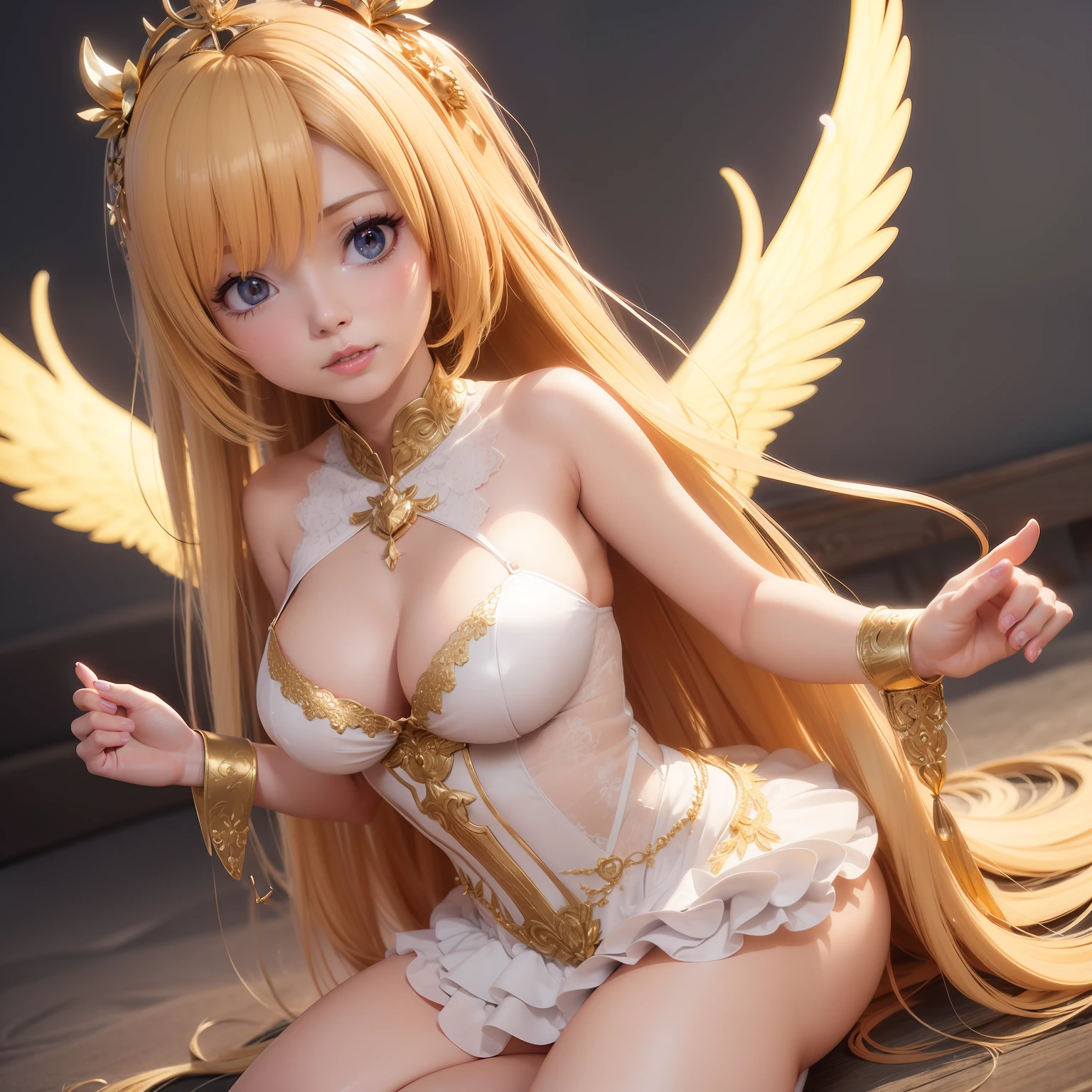 araffierte junge Frau in einem goldenen bauchfreien Federkleid, white glowing angel wings, helle Lichter und Funken, Anime Goddess, Unreal-Engine-Rendering + a goddess, 3-D-Rendercharakter Kunst 8 K, render of a cute 3d anime girl, Artgerm, 3D-Unreal-Engine, Anime sehr detailliert, 8k hochwertige detaillierte Kunst, Goddess. Extrem hohe Detailgenauigkeit, photorealistic anime girl render, Goddess of Light