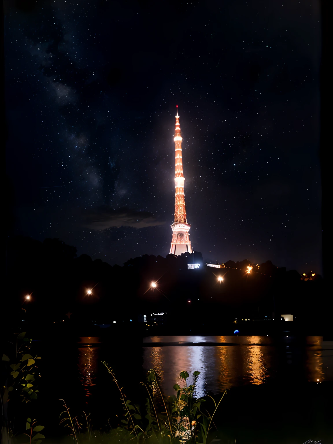 nighttime view of a city with a tower and starry sky of water, scenic view at night, the photo was taken from afar, taken with sony a7r camera, photo taken with sony a7r, けもの, night photo, at nighttime, japan at night, tower, taken with sigma 2 0 mm f 1. 4, starry sky!!