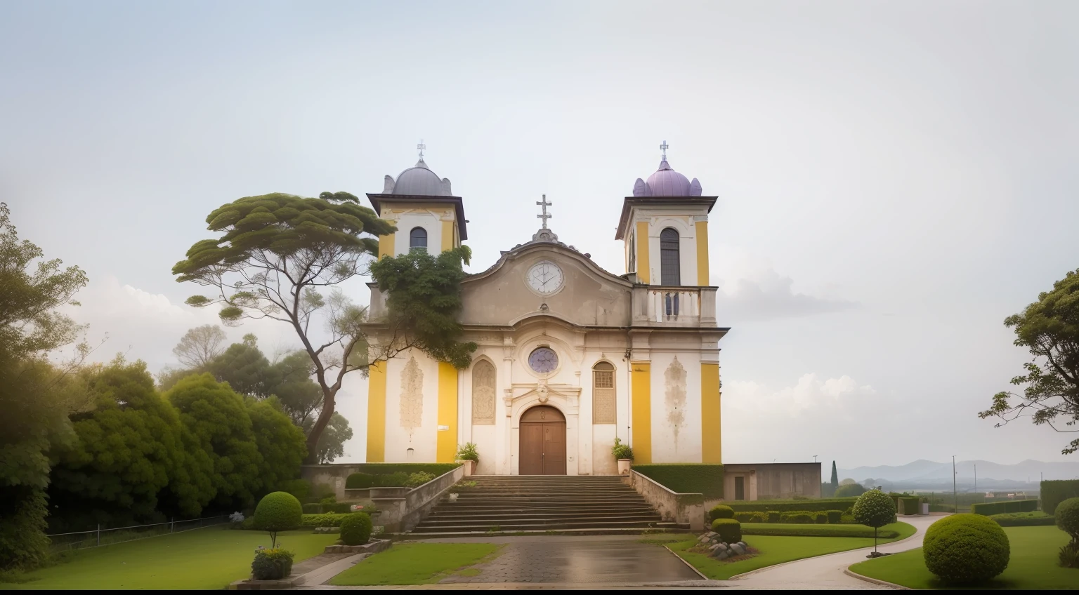 (ultra alta res, fotorrealista, melhor qualidade, foto-realista), (8k, foto bruta, melhor qualidade, masterplece), (photon maping, radiosidade, physics based rendering, Automatic white balance, fotografia, igreja, construction, arbusto, cidade, nuvem, dia, porta, cerca, campo,  jardim, grama, casa, hydrangea, montanha, natureza, no_humans, ao ar livre, caminho, planta, potted_plant, purple_flower, estrada, paisagem, heaven,  traditional_media, tree,