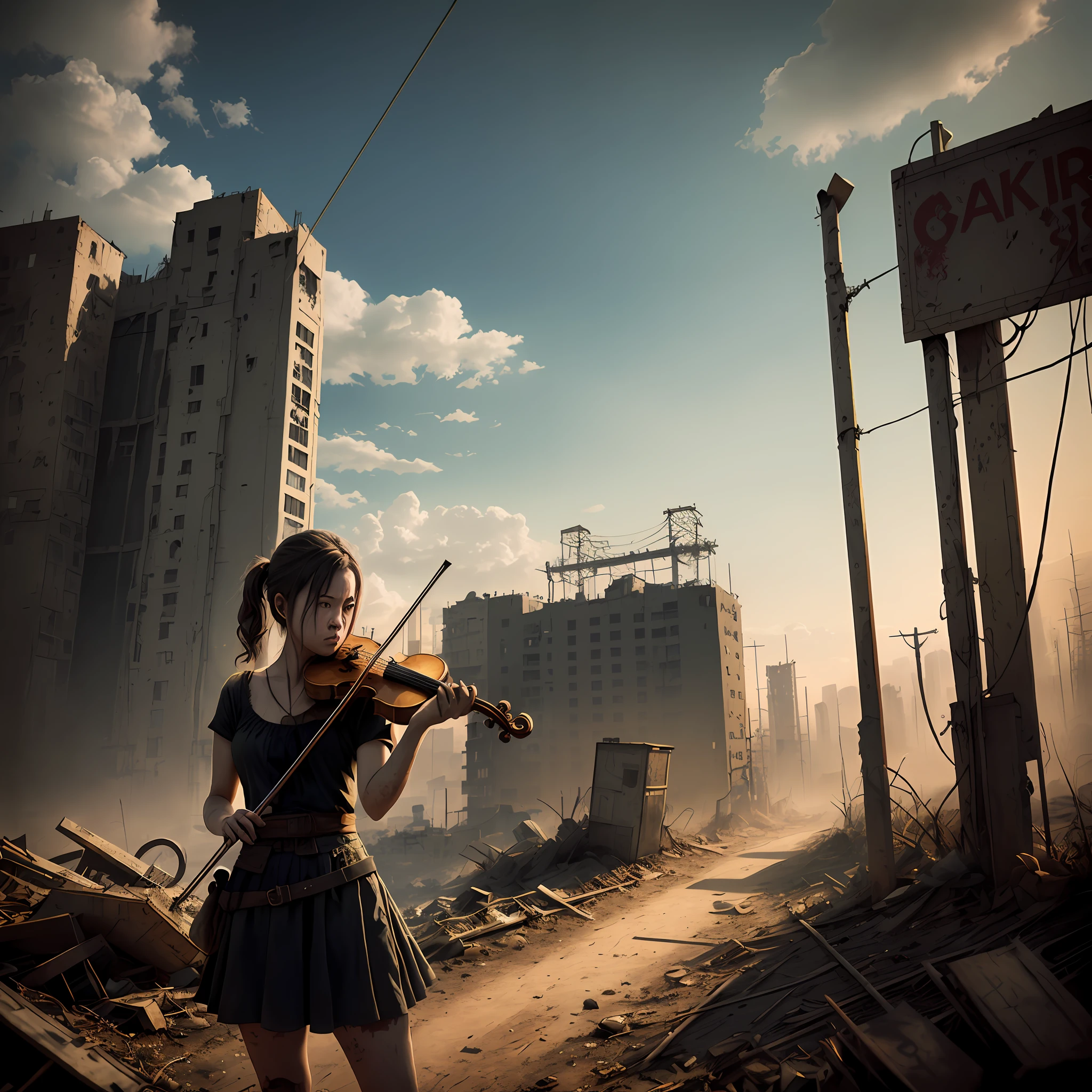 There's a woman who's playing the violin in the dirt, In a post-apocalyptic setting, em uma paisagem urbana arruinada, cinemactic. por leng jun, in a post apocalyptic city, in a post-apocalyptic wasteland, cinematic photograph concept art, em uma cidade deserta, Post-apocalyptic Tokyo, set in post apocalyptic tokyo, post apocalyptic view, apocalyptic scenery, musician