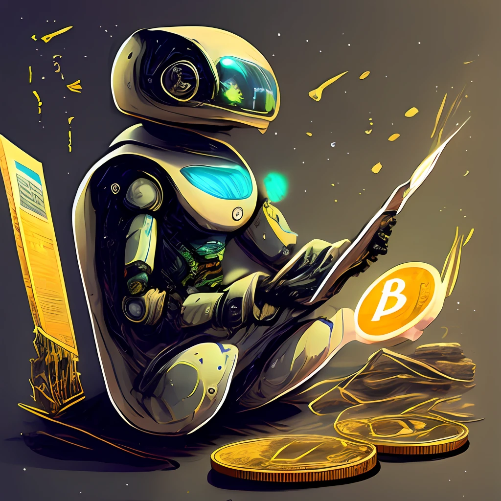 robot, sticker of a full body picture of a beautiful woman holding bitcoin sitting and working on PC printed bitcoin, black tights, highly detailed beautiful face, banksy art, Kim Jung gi, freedom, soul, digital illustration, comic style, steampunk noir, approaching perfection, dynamic, highly detailed, watercolor painting, artstation, concept art, smooth, sharp focus, illustration, art by Carne Griffiths and Wadim Kashin (masterpiece, top quality, best quality, official art, beautiful holding bitcoin