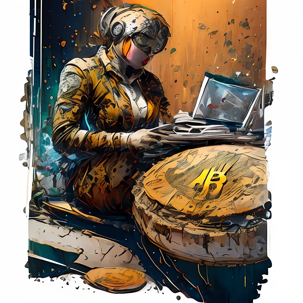 robot, sticker of a full body picture of a beautiful woman holding bitcoin sitting and working on PC printed bitcoin, black tights, highly detailed beautiful face, banksy art, Kim Jung gi, freedom, soul, digital illustration, comic style, steampunk noir, approaching perfection, dynamic, highly detailed, watercolor painting, artstation, concept art, smooth, sharp focus, illustration, art by Carne Griffiths and Wadim Kashin (masterpiece, top quality, best quality, official art, beautiful holding bitcoin