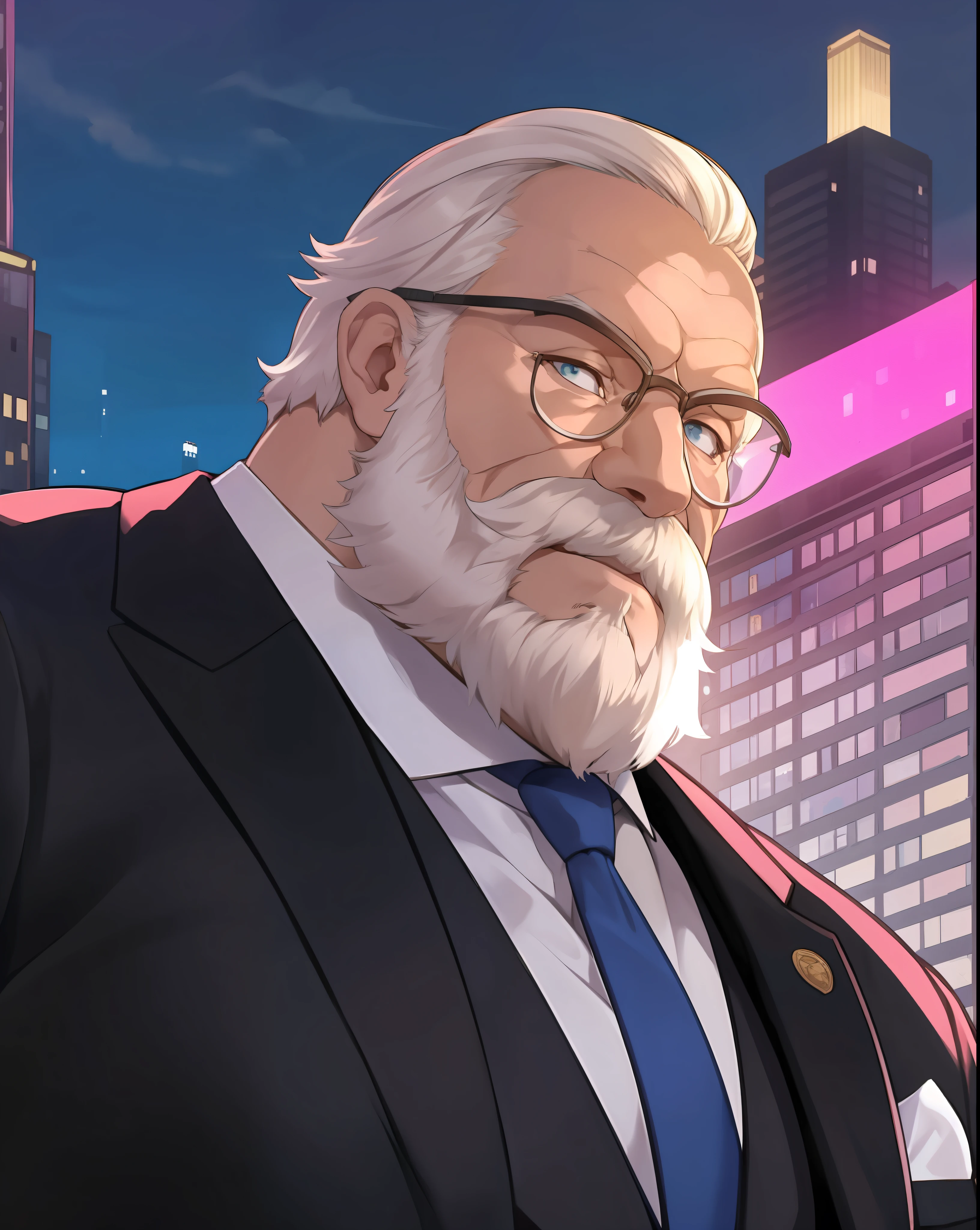 Portrait of a distinguished elderly man with a muscular build, dressed in a sleek suit, captured in a bust composition against a vibrant cityscape, ((headshot))