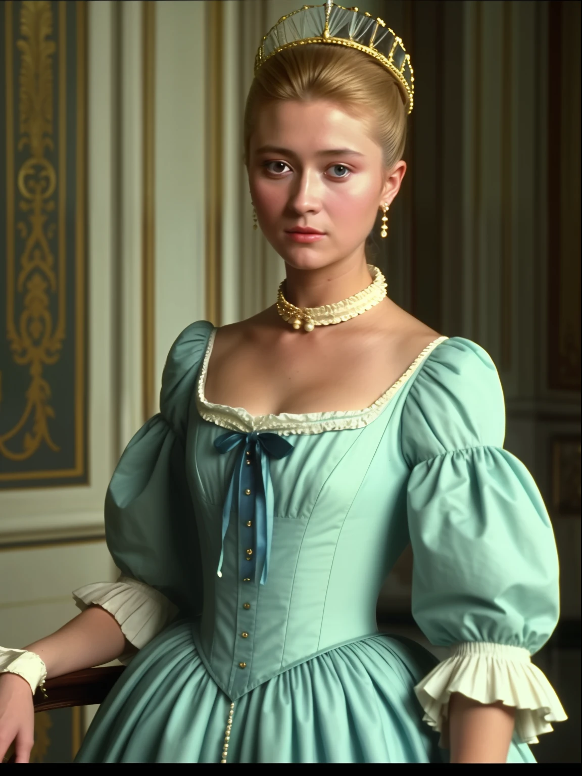 medium shot, the 90s scene movie, a young queen in standing in the 18th century in french, a screen shot by Chen jiru, featured on tumblr, aestheticism, drama movie, beauty face, movie still, 1990s, look like Paris Hilton, film grain, the 18th century french fashion royal, regency era in French