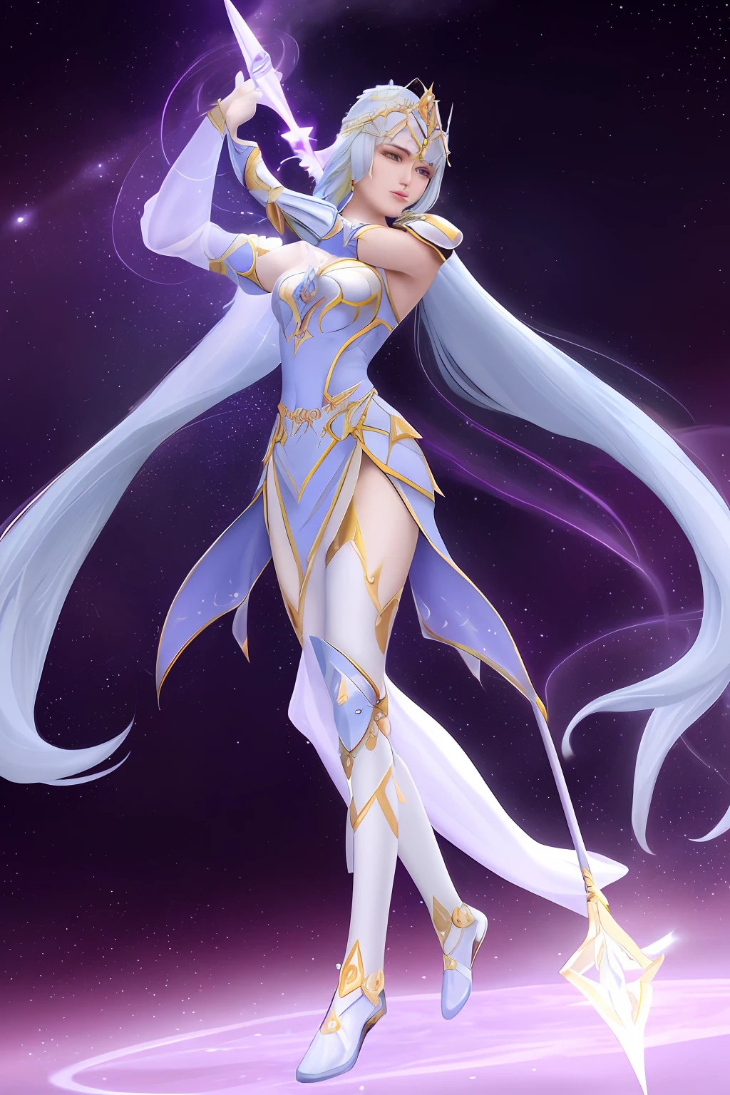 Ambassador Astraena is a pacifist warrior, yet no less formidable. Her ethereal beauty is highlighted by her lightweight and shimmering armor, reflecting starlight. Holding a stellar staff, she possesses the power to channel cosmic energies. Her posture is graceful and diplomatic, emanating an aura of peace and serenity