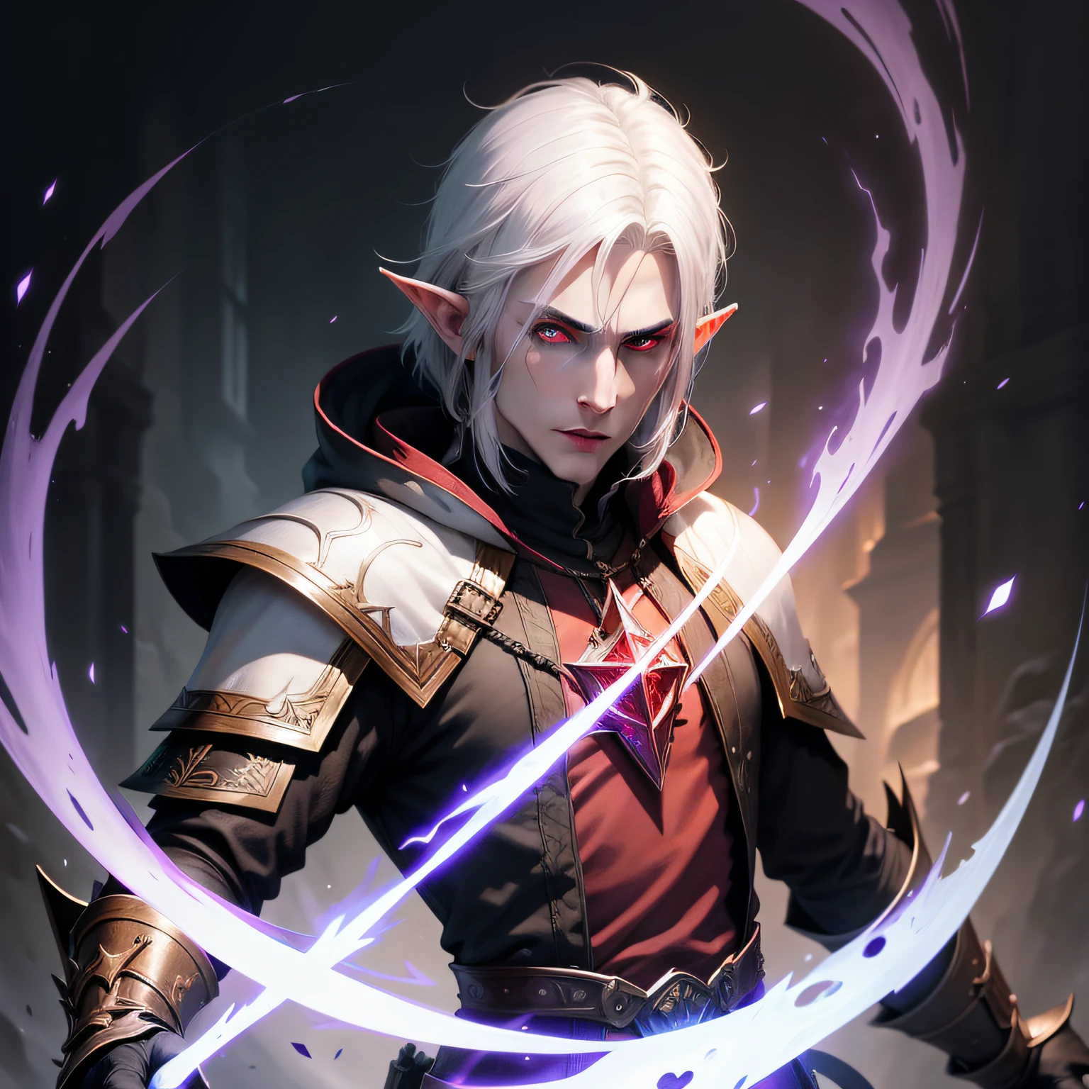 male hexblade warlock, pale skin elf with white hair and red eyes, dungeons and dragons character, fantasy art, painted