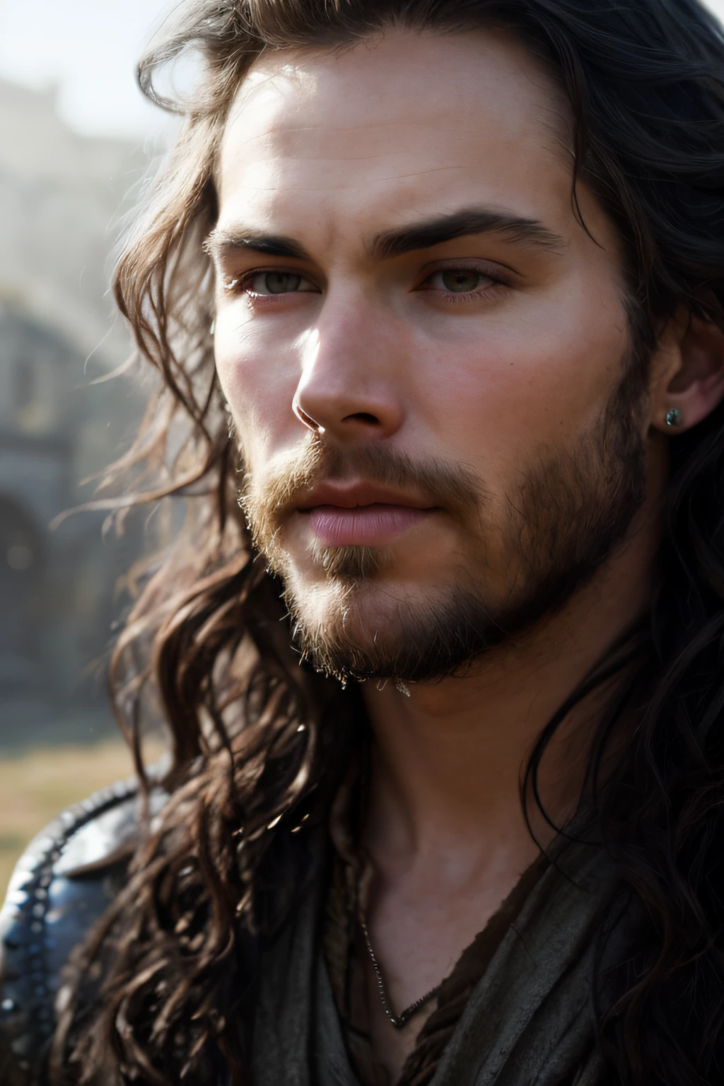 close up portrait of a mix between Austin Butler and Ian Somerhalder as a charming 22 years old medieval fantasy male, pale skin, very long wavy shabby black hair parted in the middle, incredible grey eyes, long arched eyebrows, beard, fantasy clothes, intense look, fascinating, slim and athletic, young, in a big medieval city, (backlighting), realistic, masterpiece, highest quality, lens flare, shade, bloom, [[chromatic aberration]], by Jeremy Lipking, by Antonio J. Manzanedo, digital painting