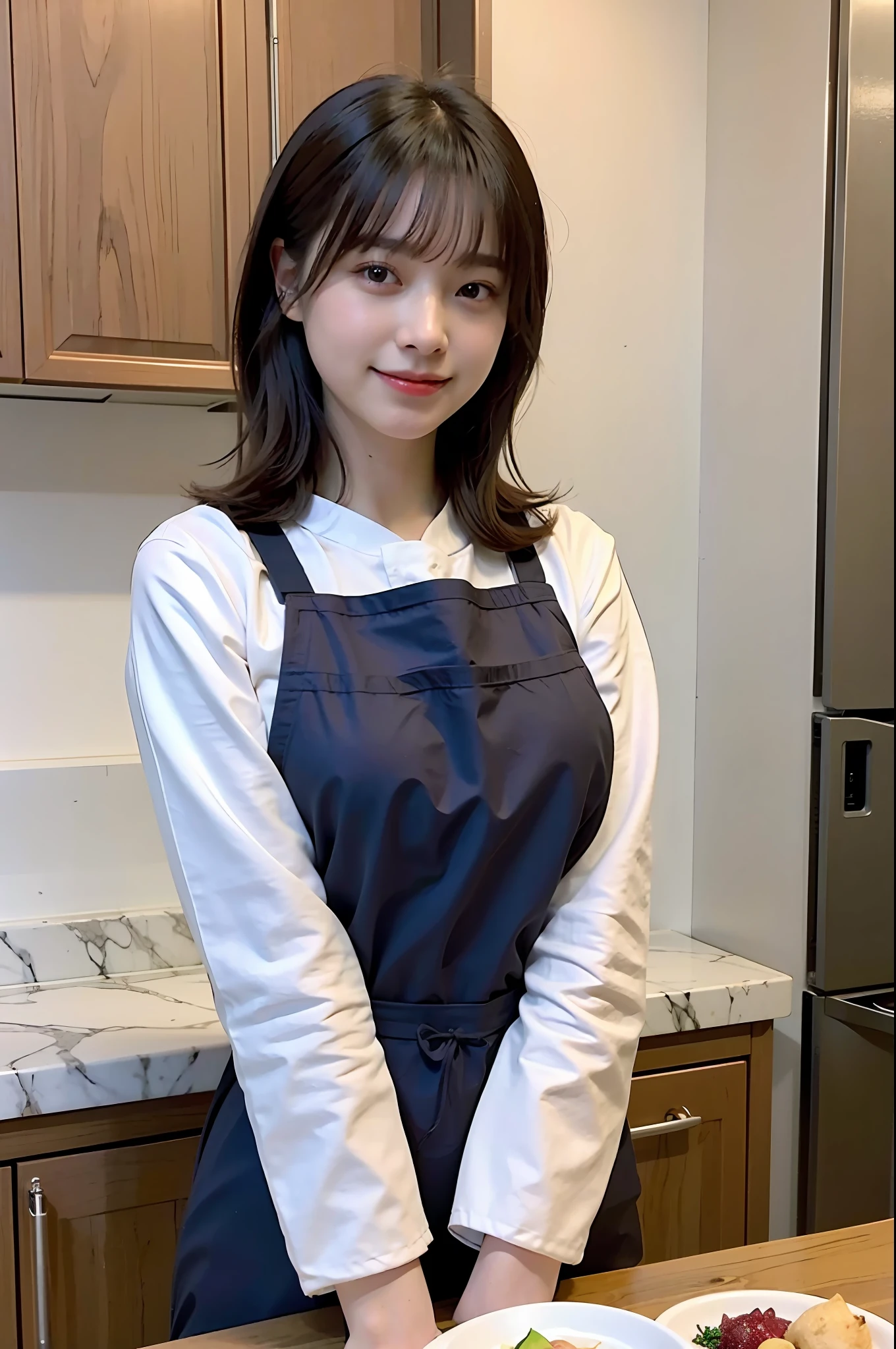 a woman is cooking、(kitchin_Apron:1.Wear 3)、Good Hand、4K、hight resolution、​masterpiece、top-quality、Cap:1.3、((Hasselblad photo))、Fine skin、foco nítido、(lighting like a movie)、Soft lighting、dynamic ungle、[:(详细的脸:1.2):0.2]、Medium chest、sweats streamed skin:1.2、(((In the kitchen))) A smile　Viewer's Perspective　Colossal tits　Beautiful body　Her hair is neatly tied