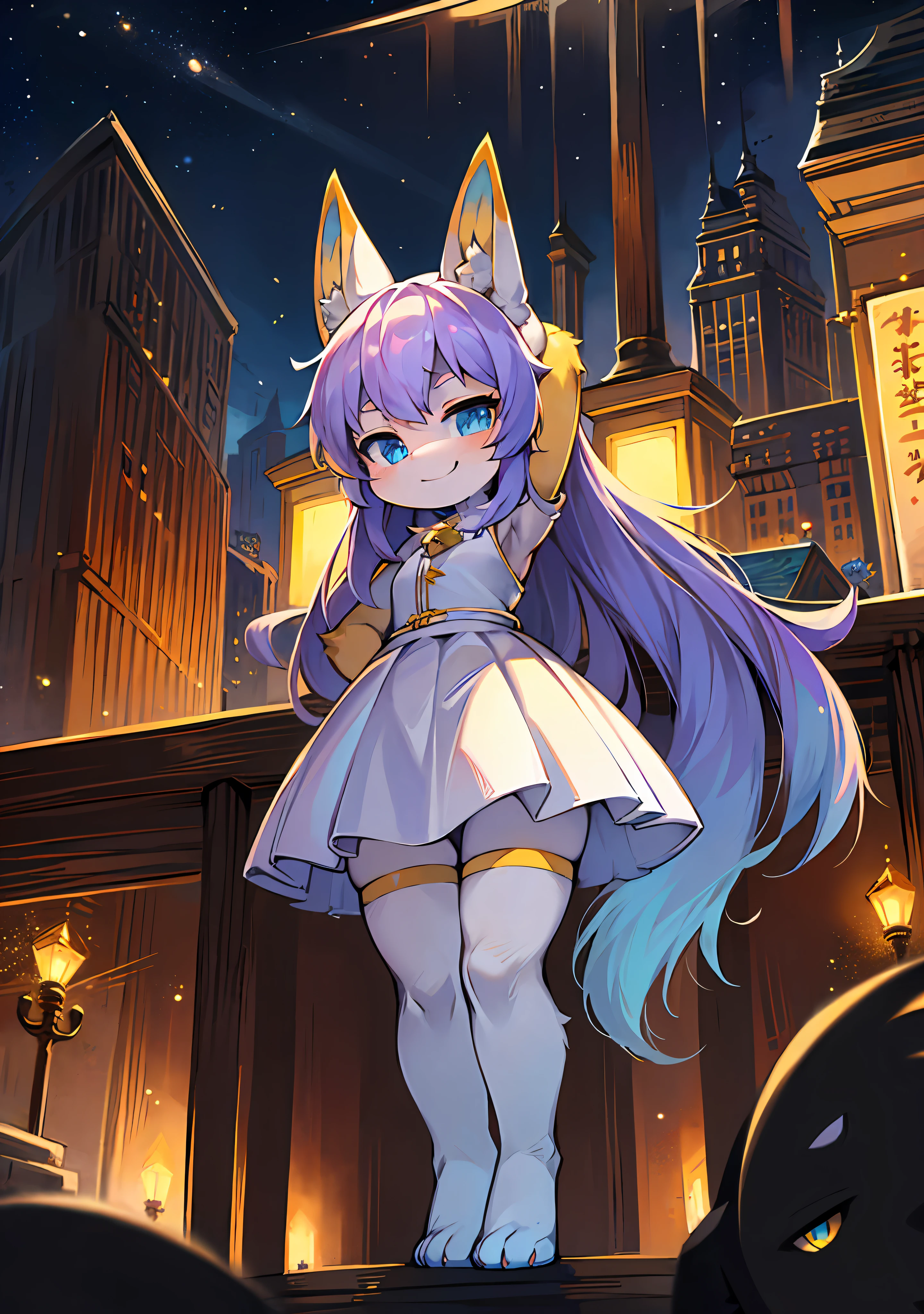 Bright eyes,in a panoramic view,Focus is prominent,Enhanced background details(0.7),One guy,Furry female character,The heroine stands out,Fluffy tail,eBlue eyes,Emphasis on yellow skin,Emphasis on childhood,Tiny cute,Place your hands behind your back,wearing a white skirt,Cute petite emphasis,A smile on his face(1.2),Strengthen long-haired animals(1.2)、the night、borgar(1.1)。