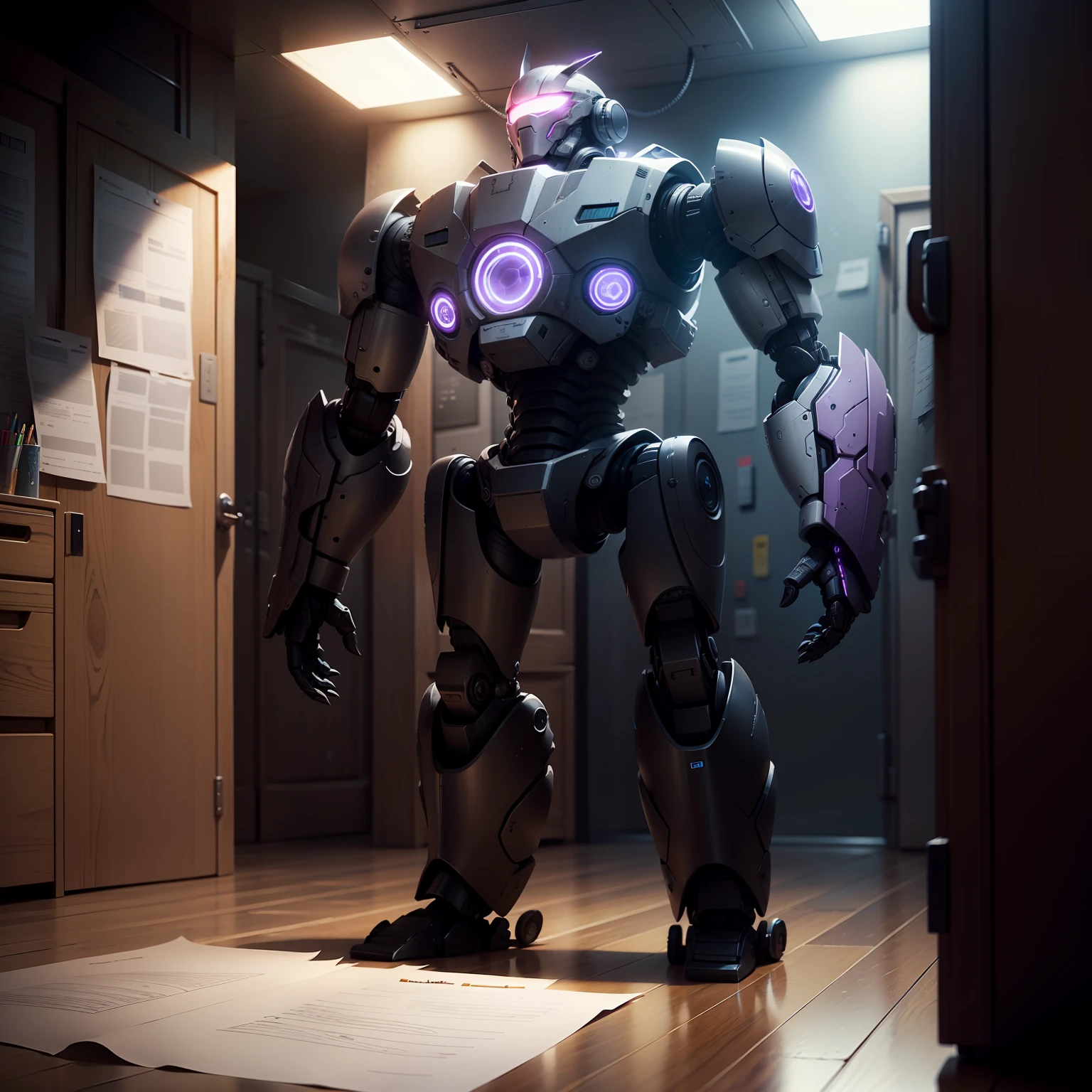 (extremely detailed CG unity 8k wallpaper, masterpiece, best quality, ultra-detailed), better lighting, better shadows, human being standing talking to a big robot writing with pencil and paper, purple lights, --auto