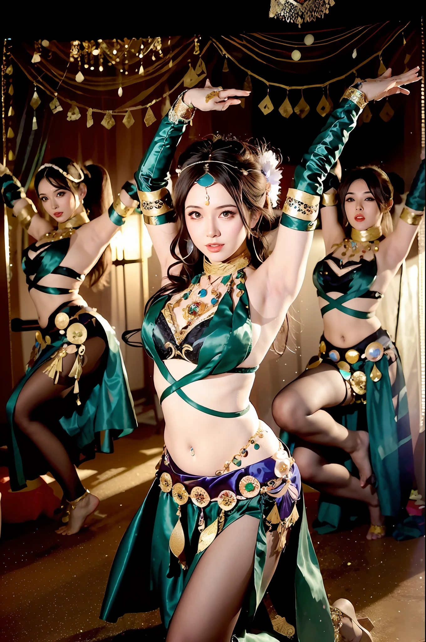 there are many women in a group of different outfits dancing, she is dressed as a belly dancer, belly dancing, gracefully belly dancing pose, beautiful genie girl, sensual dancing, like artgerm, aesthetic!!!!!! female genie, kawaii playful pose of a dancer, taken with canon eos 5 d mark iv, taken with canon 5d mk4, female dancer