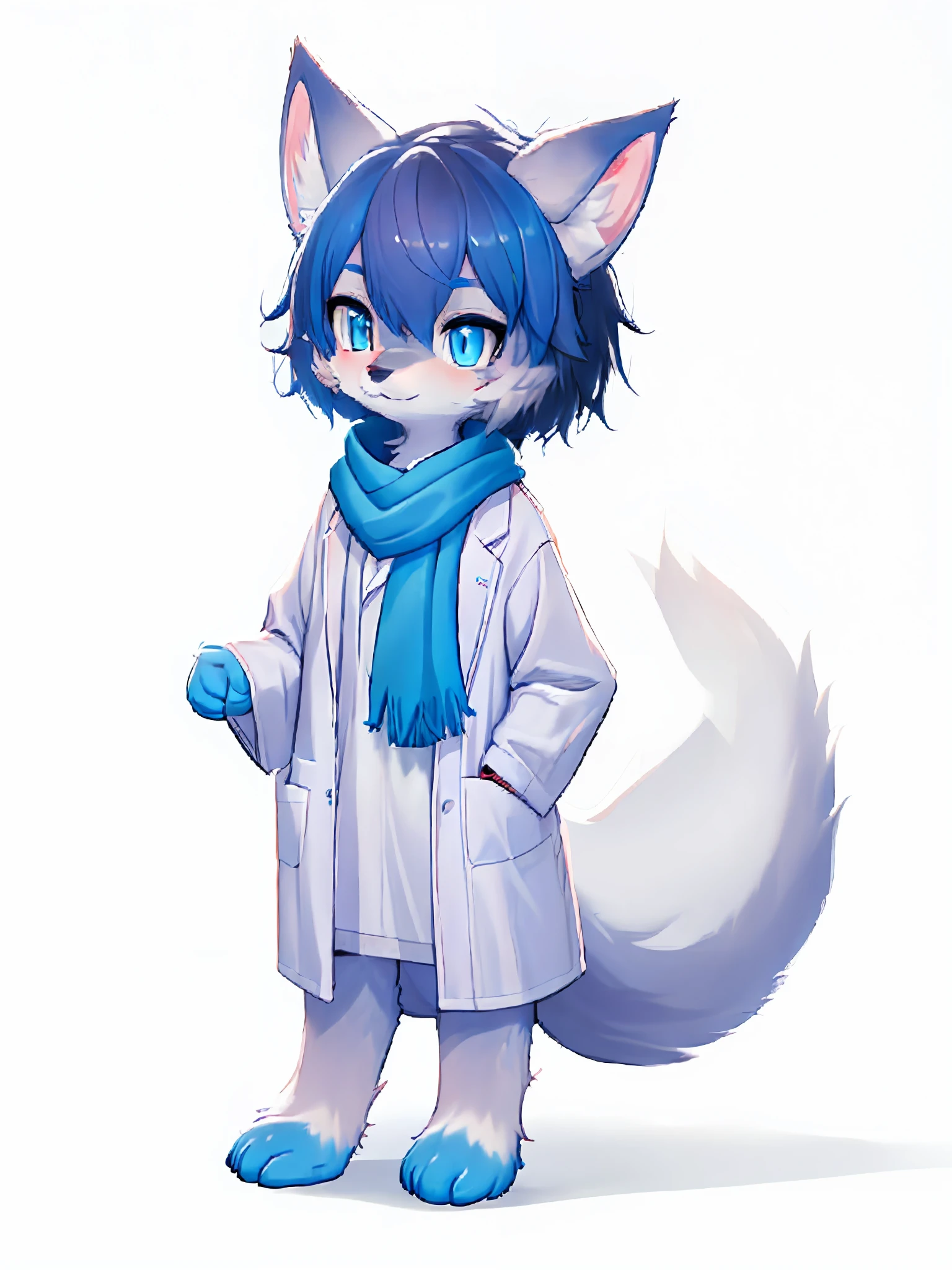 Anime character with arctic fox ears wearing a lab coat and blue scarf,Arctic fox beauty in lab coat, fursona commission, Fox scientist, fursona furry art commission, furry fursona, A human wolf fox, fursona art, fursona!!!!, professional furry drawing