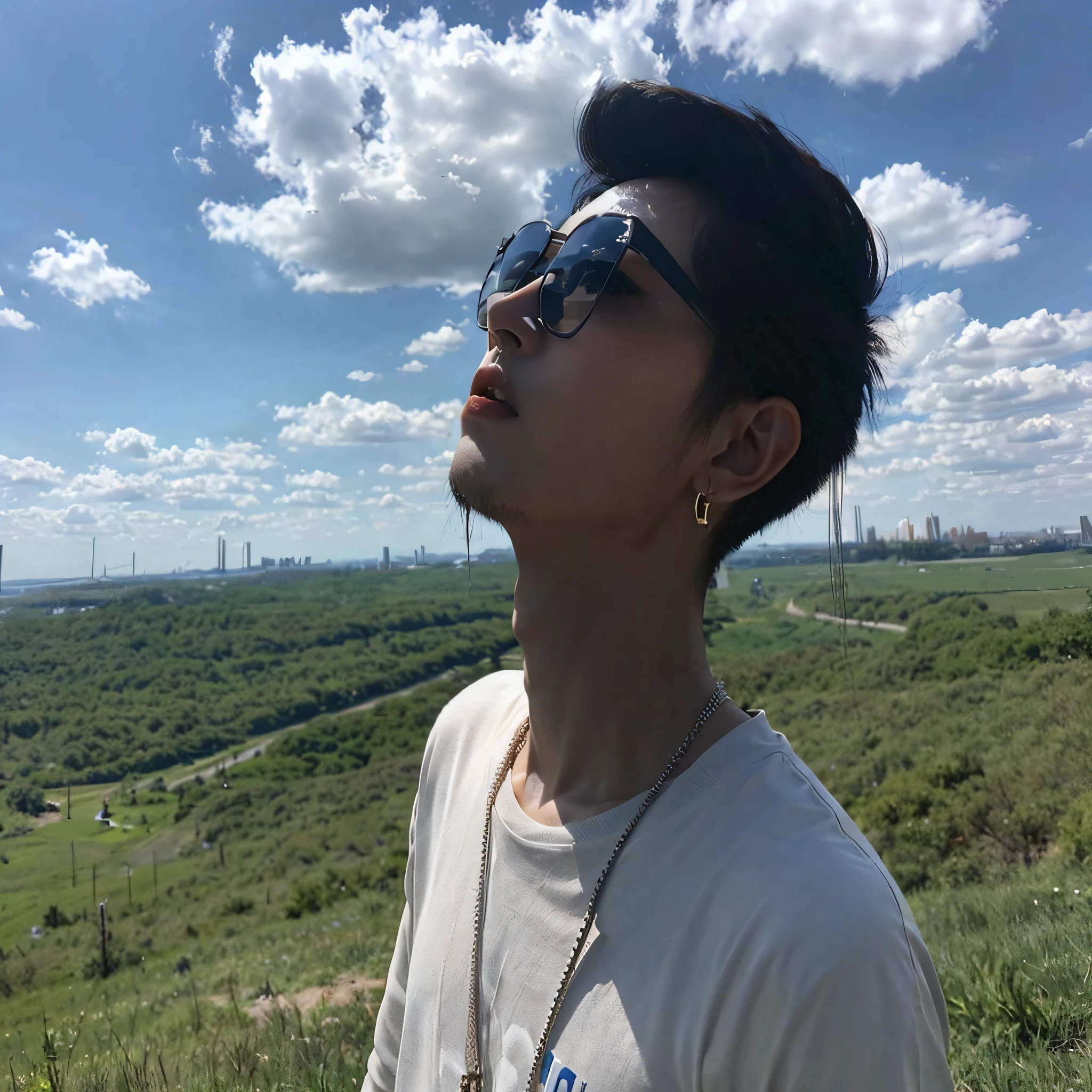 Arafeld man looking up at the sky wearing sunglasses, Cai Xukun, yanjun cheng, steve zheng, inspired by Ding Yunpeng, xintong chen, xiaoguang sun, ryan jia, Chen Zezhou, ruan jian, mingchen shen, yihao ren, wenjun lin, Li Zixin, jinyiwei