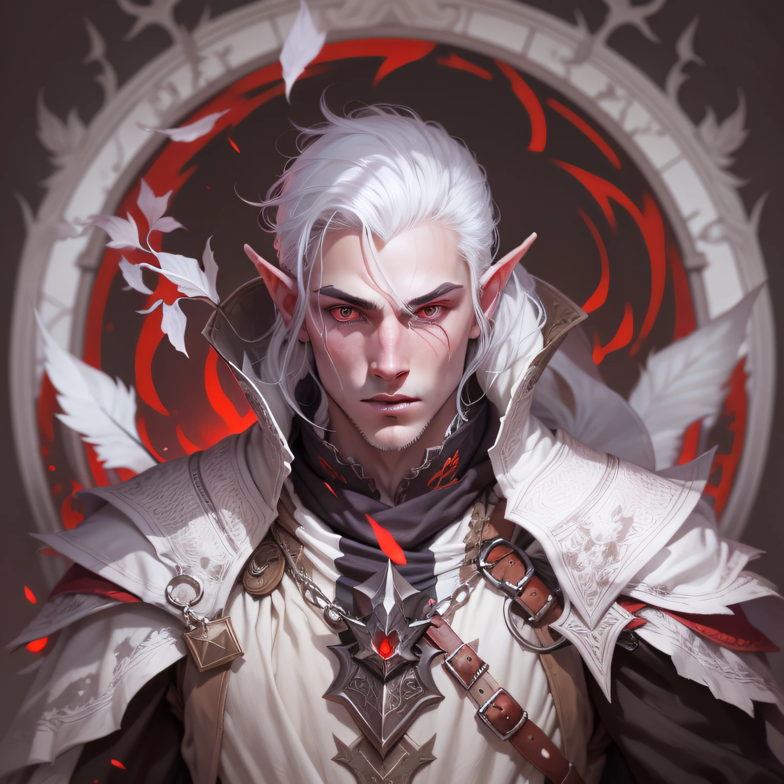 male hexblade warlock, pale skin elf with white hair and red eyes, dungeons and dragons character