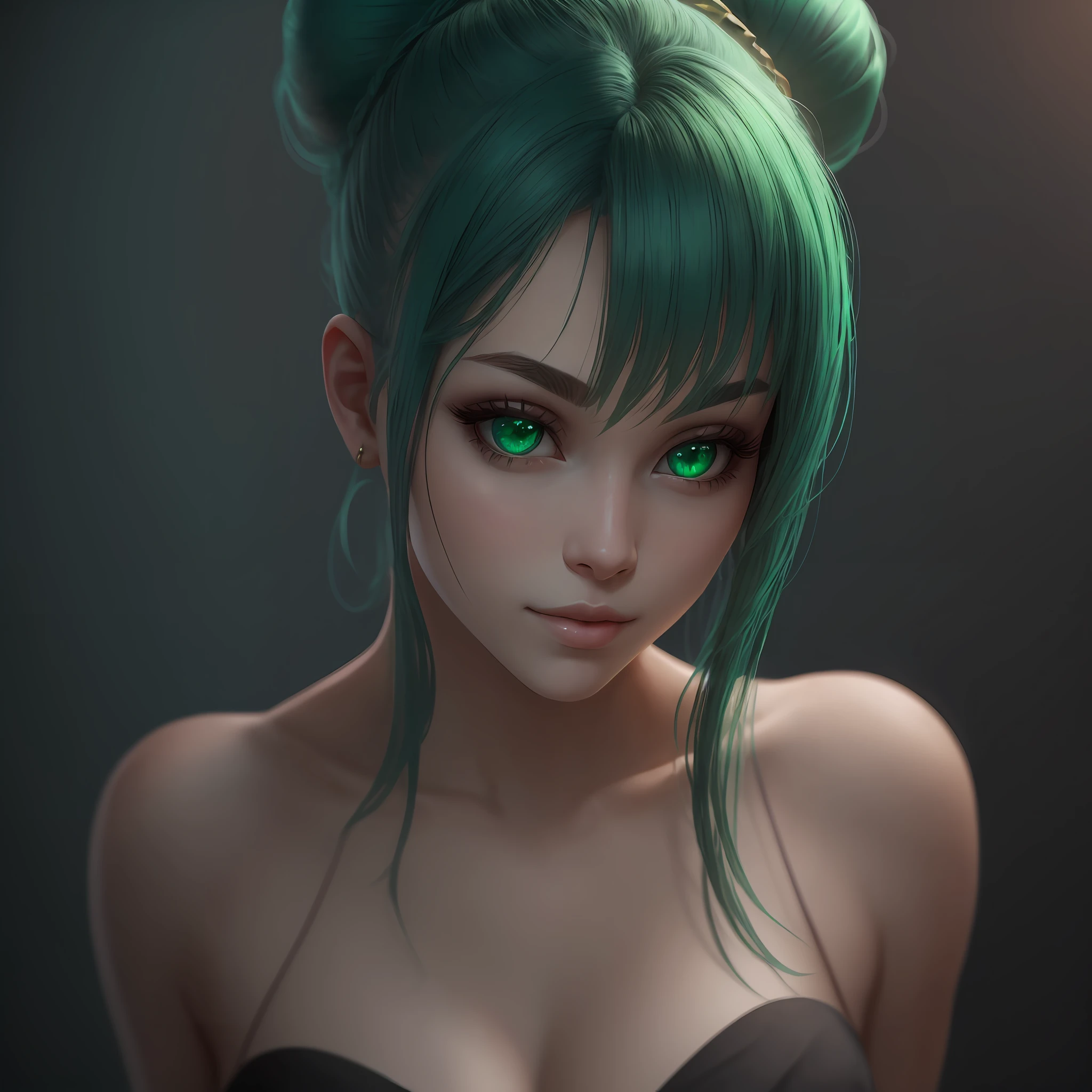 Beautiful woman, fine jaws, smooth skin, 8k render, green hair, green eyes, hair bun --auto --s2