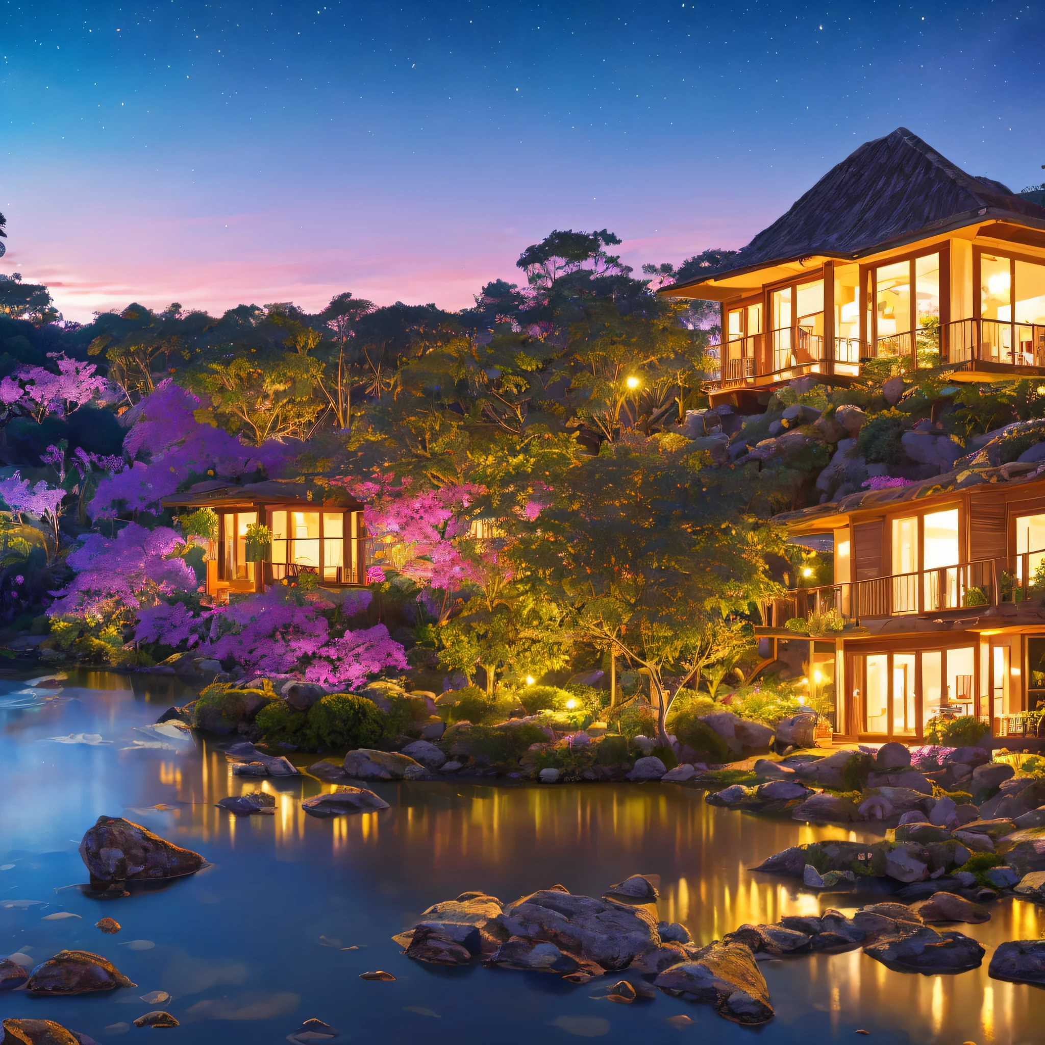 Crie um jardim encantado com cogumelos vermelhos florescentes ao lado dos vaga-lumes do jardim voando em uma casa feita de chocolate & sweets with a pink sky aurora borealis clouds flowing with illuminated and colorful planets, uma lua crescente de mostarda amarela animada sorrindo de olhos fechados e um lago bioluminescente perfeito com patinhos nadando. --auto