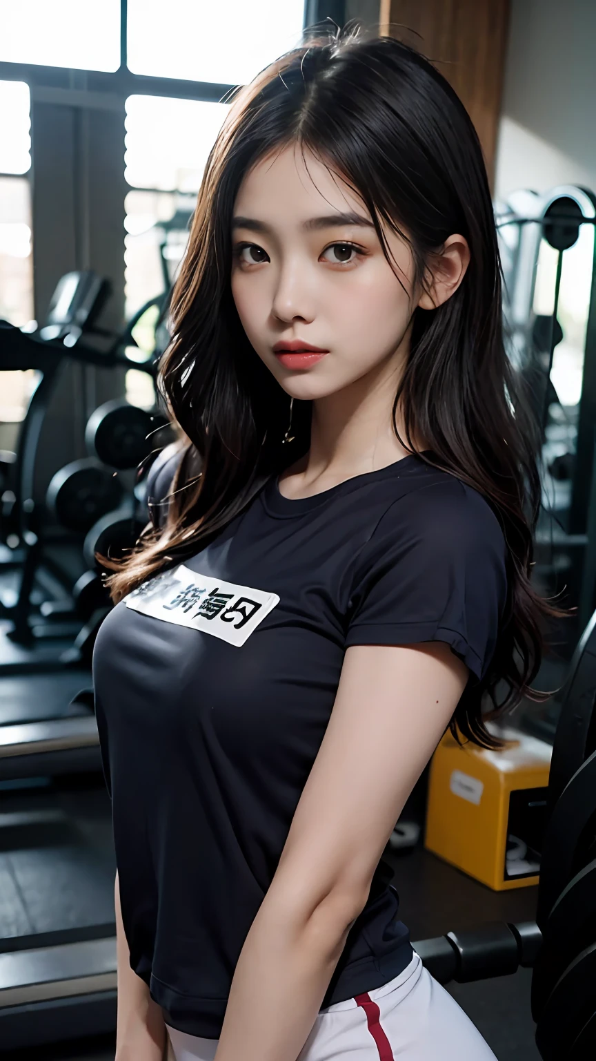 Slender Asian girl, kpop idol, ((gym uniform)), ((top quality, 8k, masterpiece: 1.3)), crisp focus: 1.2, beautiful woman with perfect figure: 1.4, highly detailed face and skin texture, detailed eyes, ((skinny)), beautiful face, symmetrical face, full-length, sexy, almost naked, in the gym