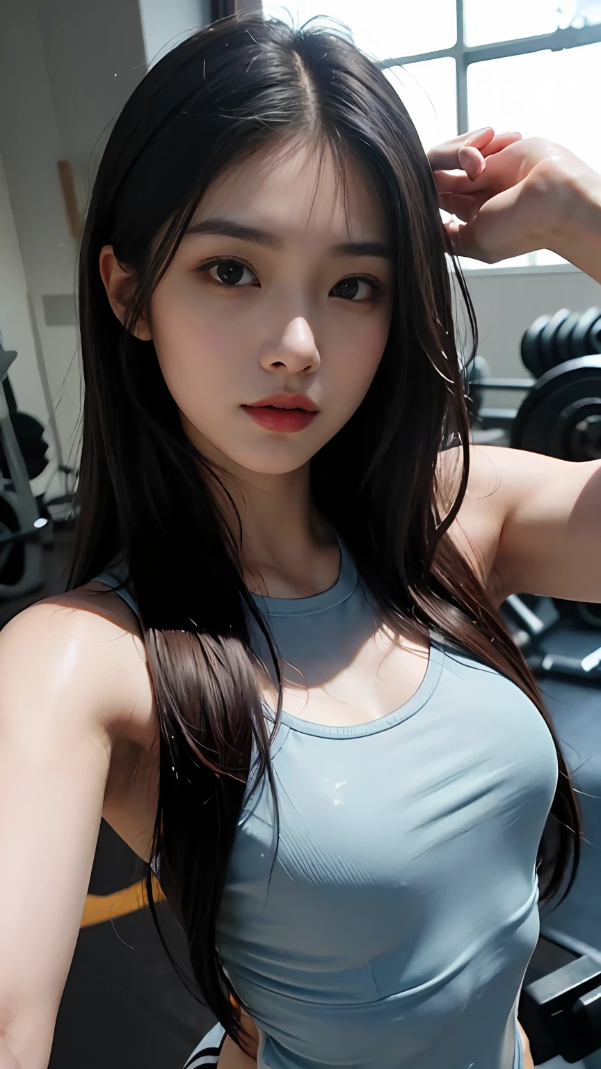 Slender Asian girl, kpop idol, ((gym uniform)), ((top quality, 8k, masterpiece: 1.3)), crisp focus: 1.2, beautiful woman with perfect figure: 1.4, highly detailed face and skin texture, detailed eyes, ((skinny)), beautiful face, symmetrical face, full-length, sexy, almost naked, in the gym