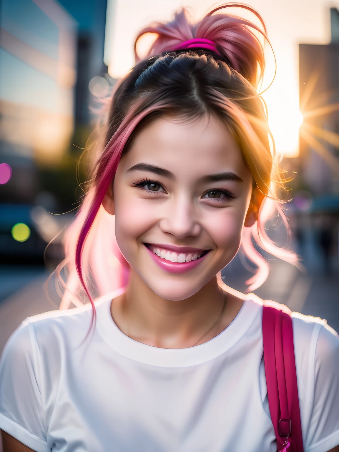 Portrait photo of a young girl, (laughing:0.7), pink ponytails hair, complex city background, backlit, (cinematic:1.5), epic realistic, hyperdetailed, insane details, intricate details, accent lighting, soft volumetric light, bokeh, (dramatic light:1.2), (neutral colors:1.3), cross process