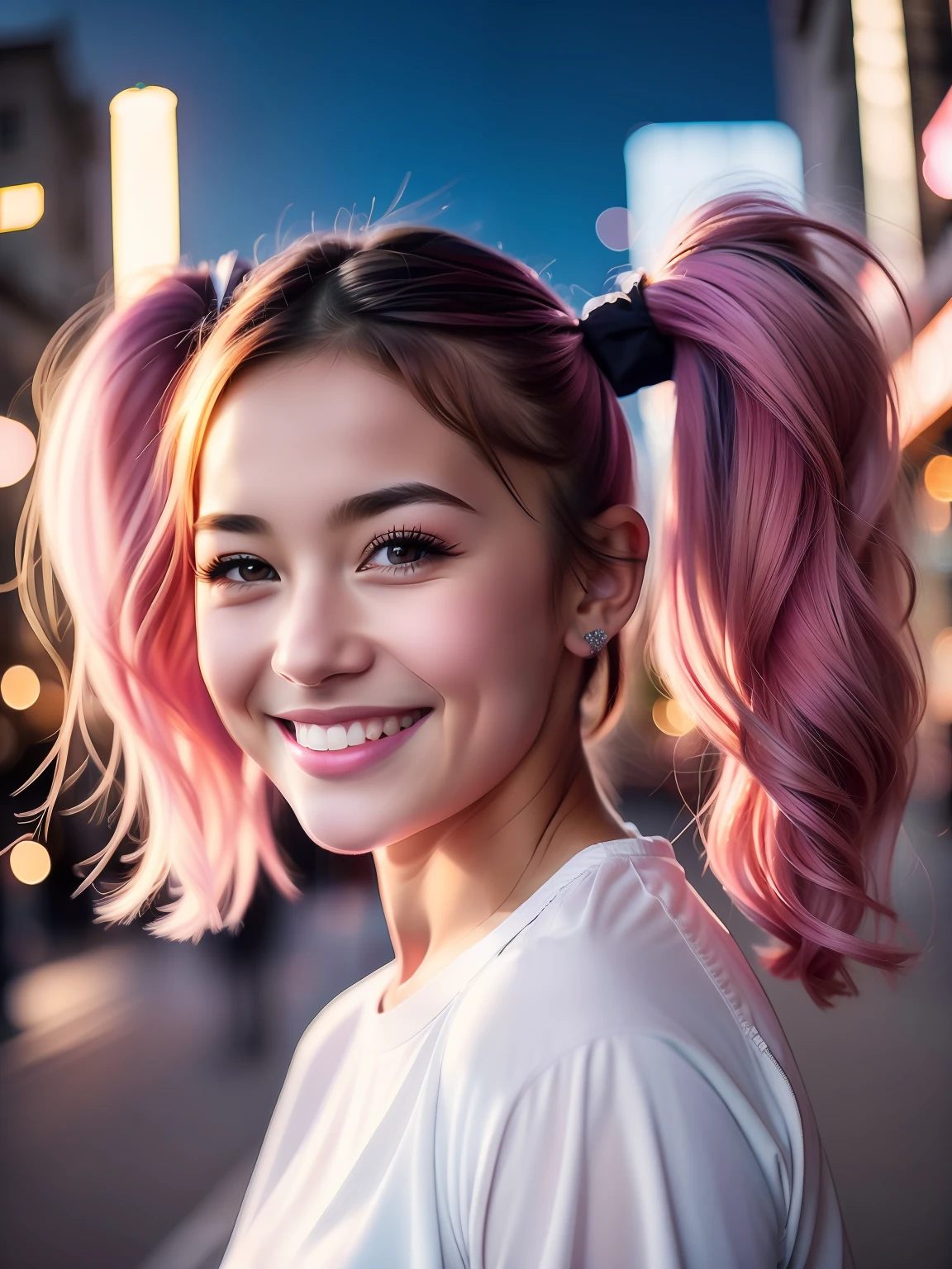 Portrait photo of a young girl, (laughing:0.7), pink ponytails hair, complex city background, backlit, (cinematic:1.5), epic realistic, hyperdetailed, insane details, intricate details, accent lighting, soft volumetric light, bokeh, (dramatic light:1.2), (neutral colors:1.3), cross process