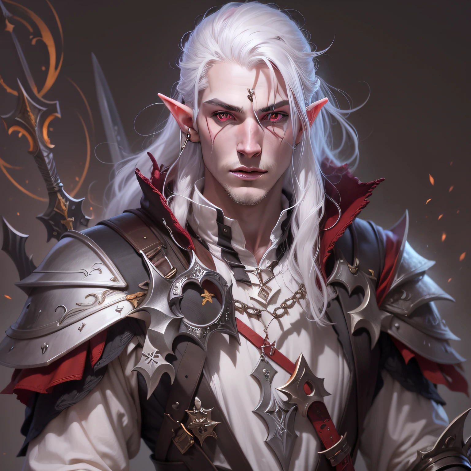 male hexblade warlock, pale skin elf with white hair and red eyes, dungeons and dragons character, sword