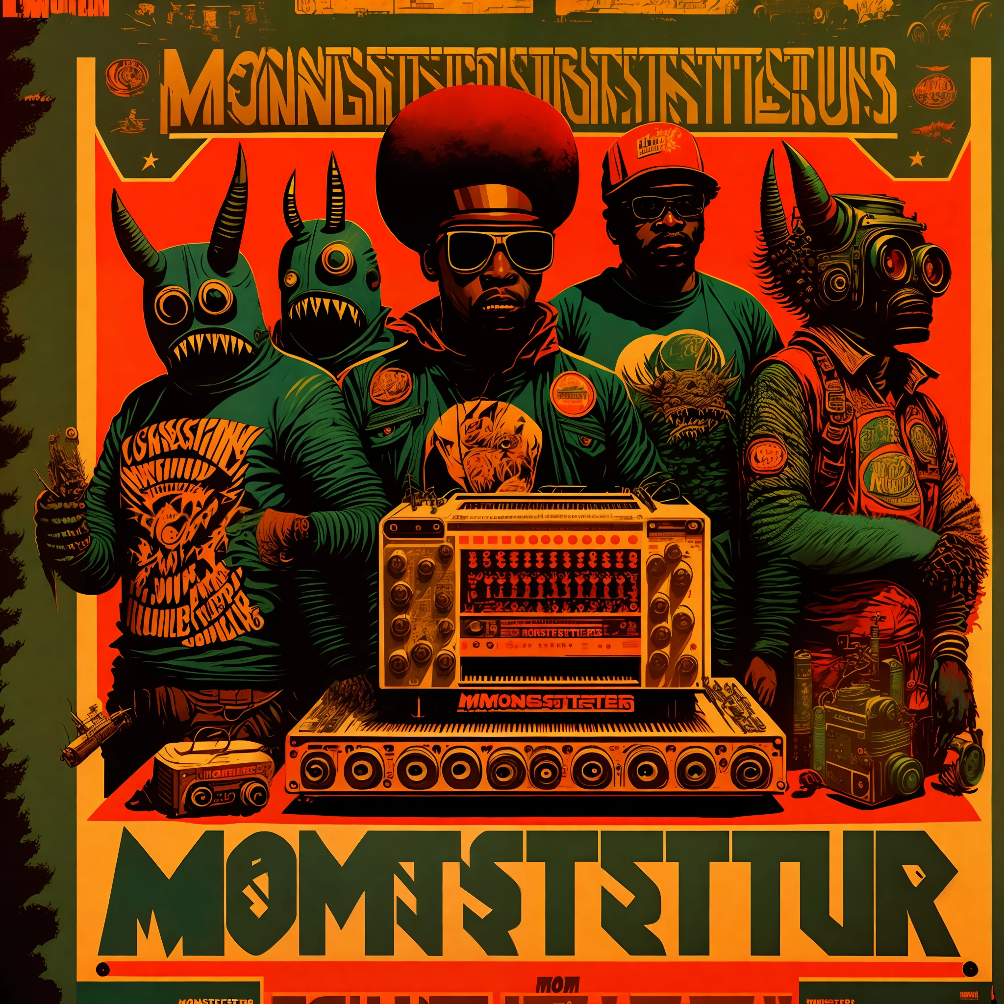a ((((([crew of monsters creatures ])))))), ( full body shot) smoking big joints, ghetto blaster, lofi hip hop, audio equipments, retro technology, nostalgic vibes, vintage, the 6 0 s, propaganda Poster style, Poster design, poster art style. 1970s, 1950s, 1960s, Very colourful poster, colour art, thirds rule, inspiring, 1970, high quality artwork, poster art style, promotional artwork, hiphop, high quality wallpaper, poster artwork, style of shepherd fairey, in a retro or vintage style, reminiscent of classic advertisements or posters. Use warm colors, capturing the nostalgic feel of vintage artwork, bird's eye view