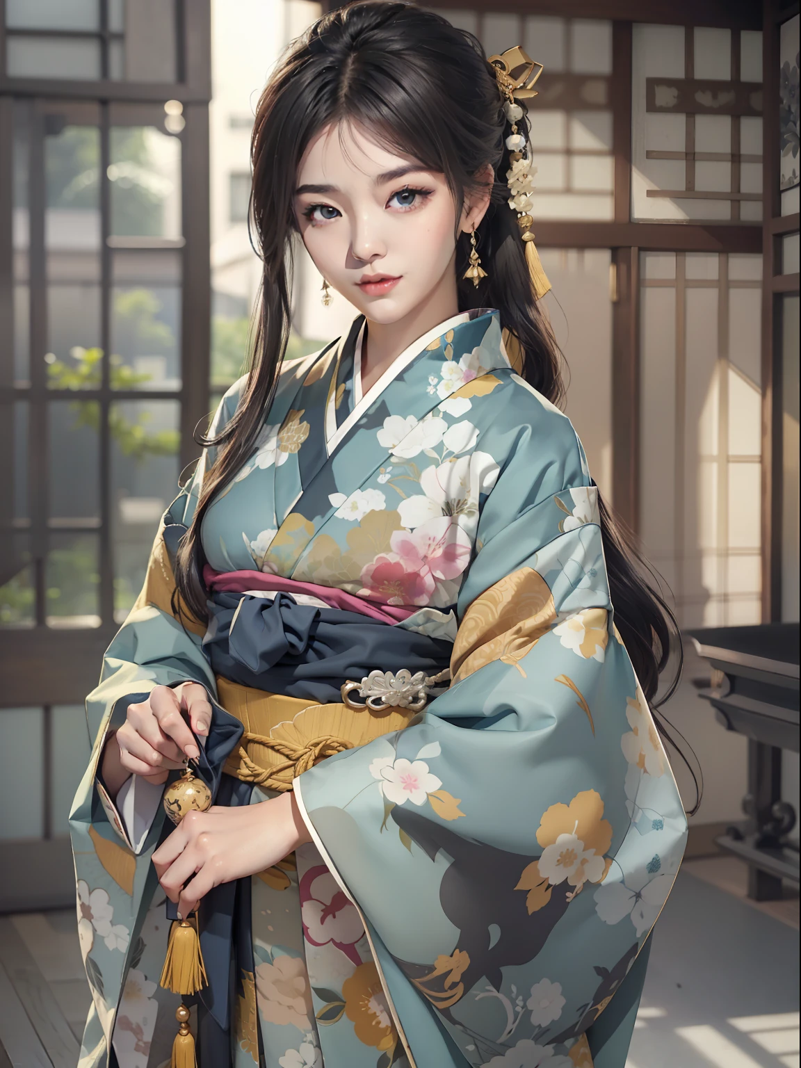 Mature girl、A Japanese Lady、Long Black Hair、Do not tie your hair back、No ponytail、A slight smile、Black-haired、Colorful Japan kimono、Nishijin Ori、Delicate and smart eyes、Japanese houses、intricate damask hanfu、Luxury accessories、FOV、F1.8、masterpiece、complex scenes、Diagonal portrait shot、