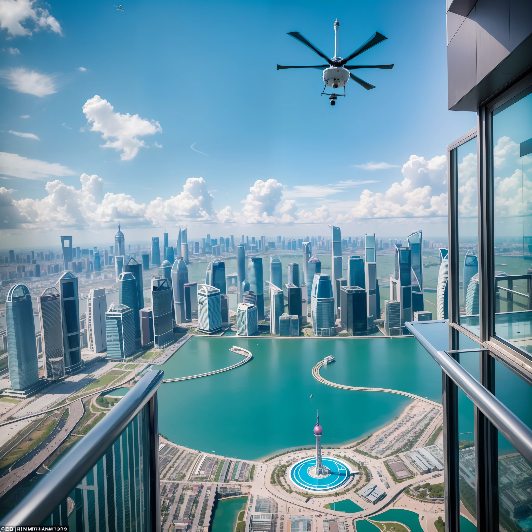 There is a fifth of the forest around,The sky is colorful,Located on the 108th floor of Shanghai Tower,Three 13-year-old girls in bikinis frolic in the pool by the floor-to-ceiling windows,High-altitude helicopters fly by from a distance