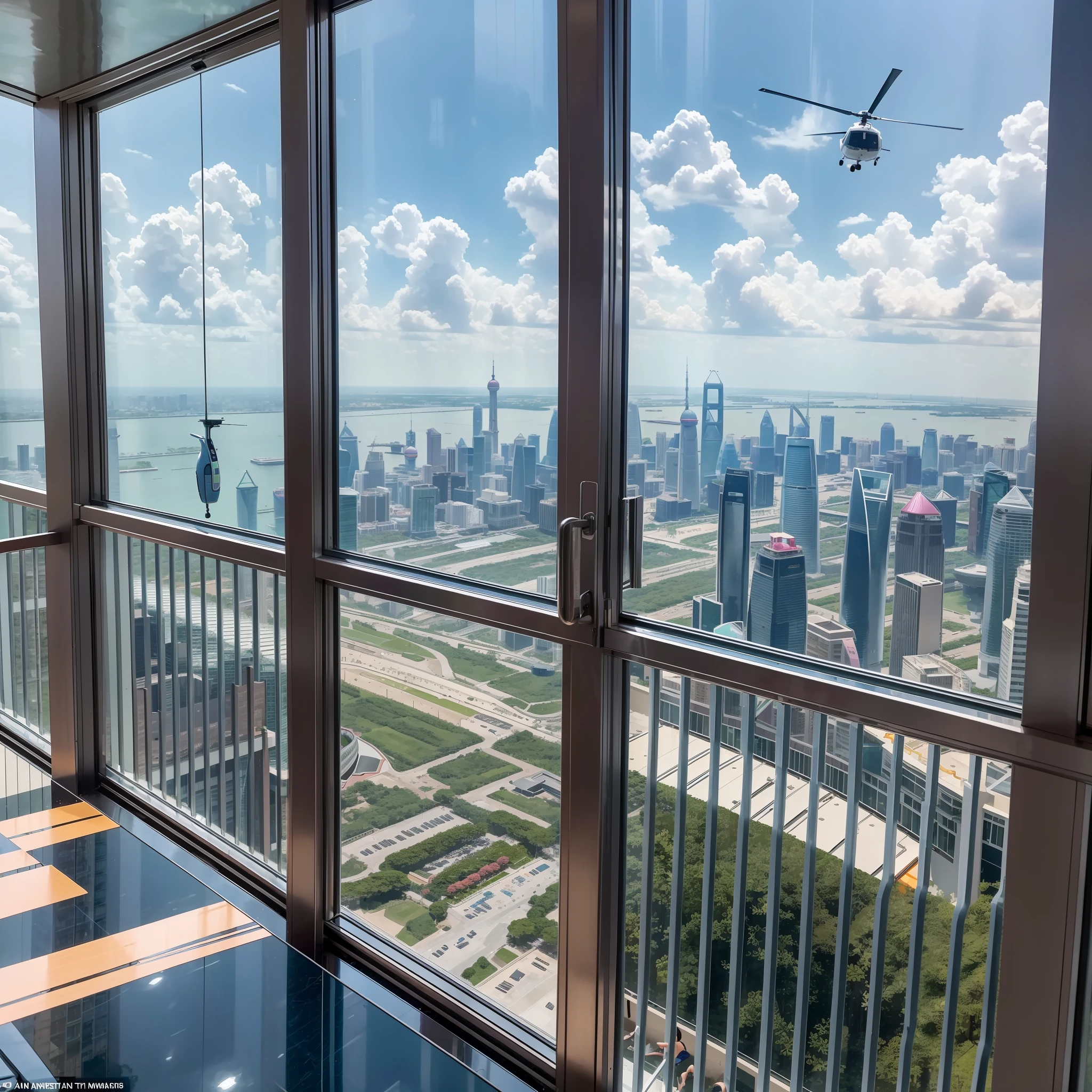 There is a fifth of the forest around，The sky is colorful，Located on the 108th floor of Shanghai Tower，Three ****************s in bikinis frolic in the pool by the floor-to-ceiling windows，High-altitude helicopters fly by from a distance