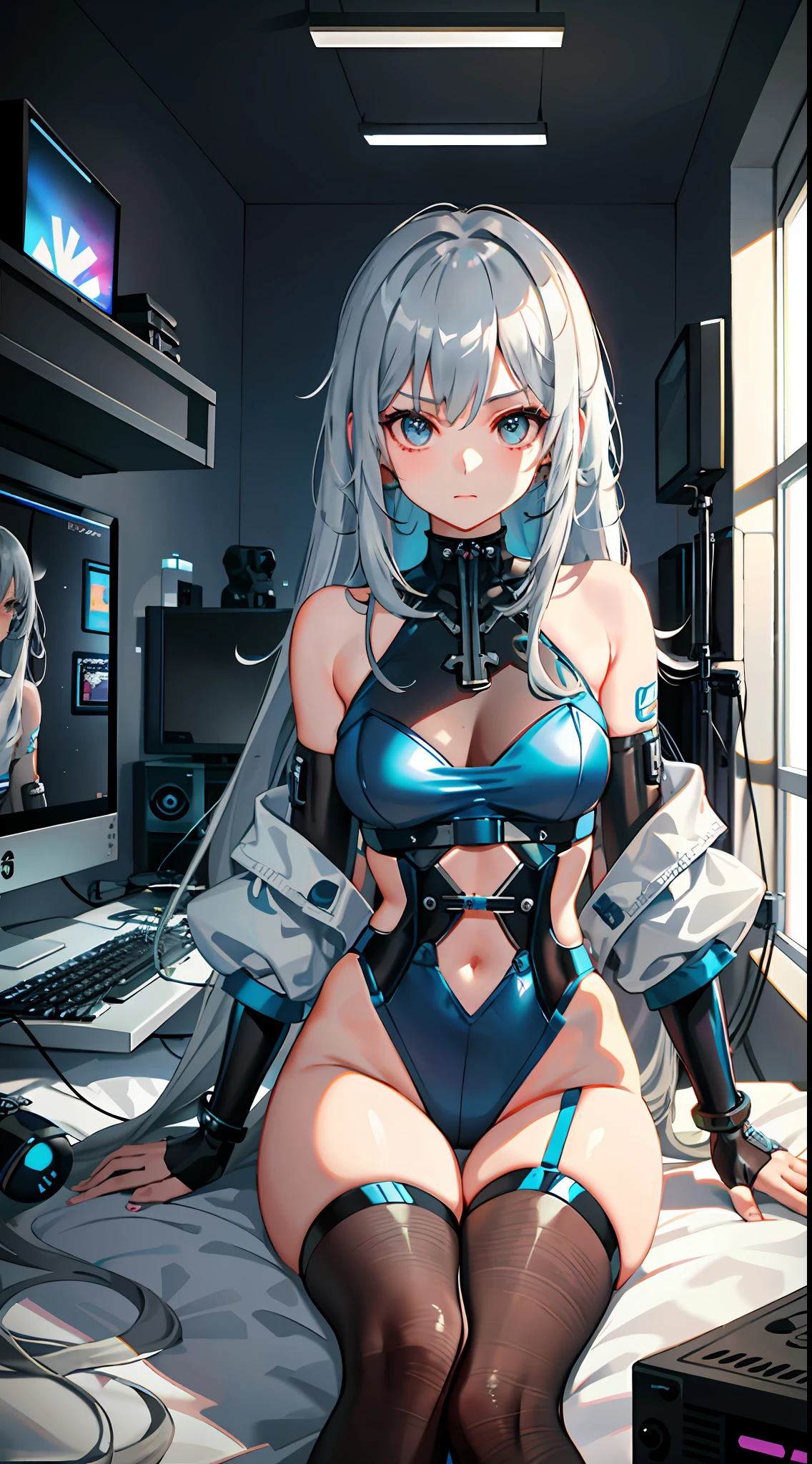 Legless Girl Silver Hair Microcurly Cyberpunk Style Miha Game Style Game Streamer Blue Pick Dye In the Bedroom Ling Poli Hacker Climbing on the Bed In front of the Computer Desk Holding a Game Console Leg Ring Sick A-Cup Skin Tone Bondage