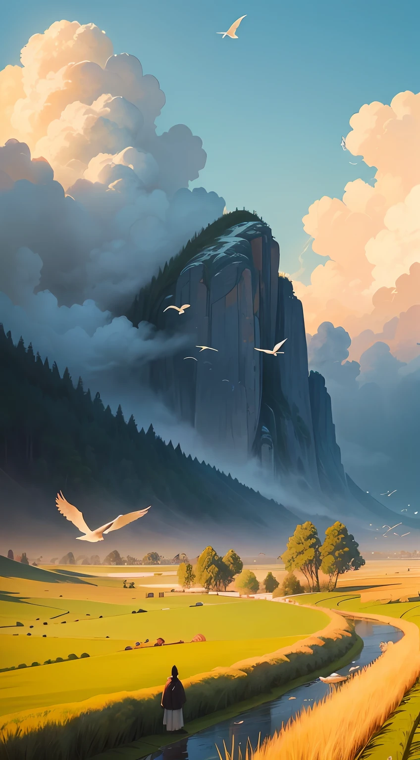 I heard voices in the distance
He searched aimlessly
A few spring and autumn think twice before acting
At last, Full of desire
Time is always silent
Ask heaven and earth to ask you
Maybe eventually the tired birds will return
You and I will succumb to our lives(Outdoor view:1.5),grassy fields,blue-sky,Flying birds,(tmasterpiece),(Best picture quality),(Very detailed and uniform picture),(8k wallpaper),(Chinese folk style painting),(Watercolor style painting),(light and shadow effect)