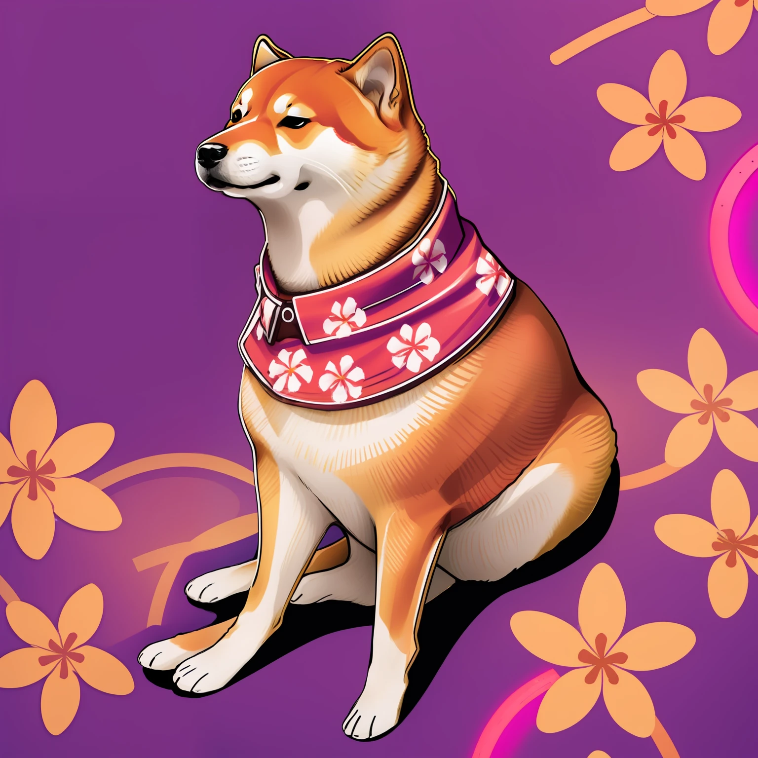 Cheems,Shiba_uni,un chien assis,sourire, porte des lunettes de soleil rouge, has a red Hawaiian shirt with white flowers, In a purple neon cyberpunk bar