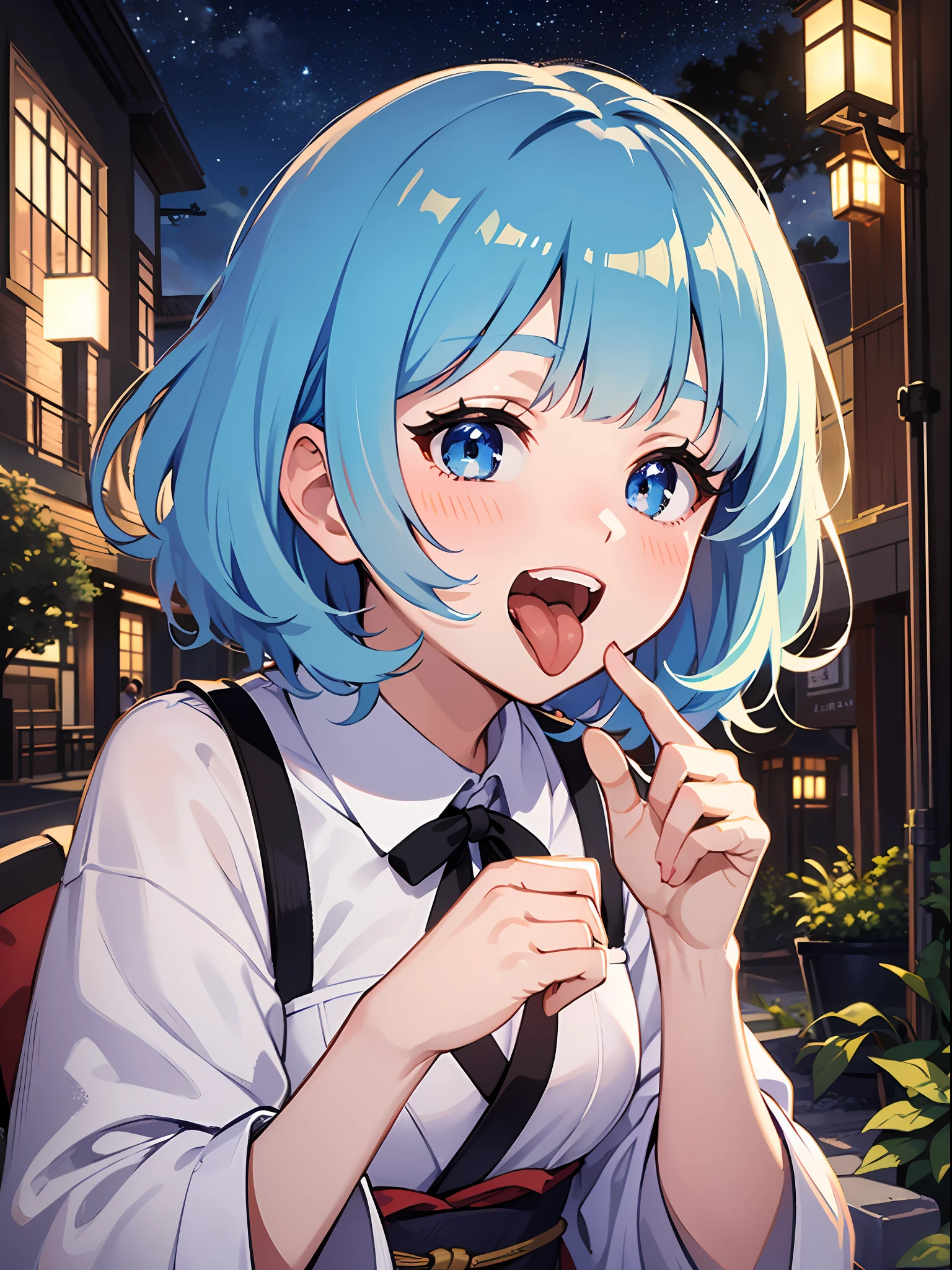 (masterpiece:1.3), (best quality:1.3), high resolution,
couboy shot,
leaning forward,
(one cute girl:1.3), solo,
white skin, small Breast, eight-headed person,
light blue hair, (bobbed hair:1.2), (short hair:1.2), (blunt bangs:1.2), beautiful hair, blue eyes, beautiful detailed eyes,
(tongue out:1.3), blush, open mouth, heart, cheerful smile,
ghost,
outdoors, (night:1.2), night sky, japanese style town,
shadowlighting,